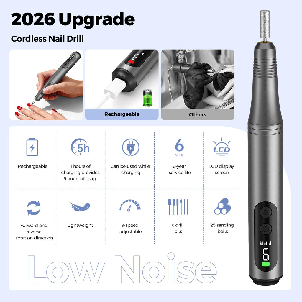 Ccigedy 6-in-1 Electric Nail Drill Kit – Cordless Nail File with 9-Speed LED