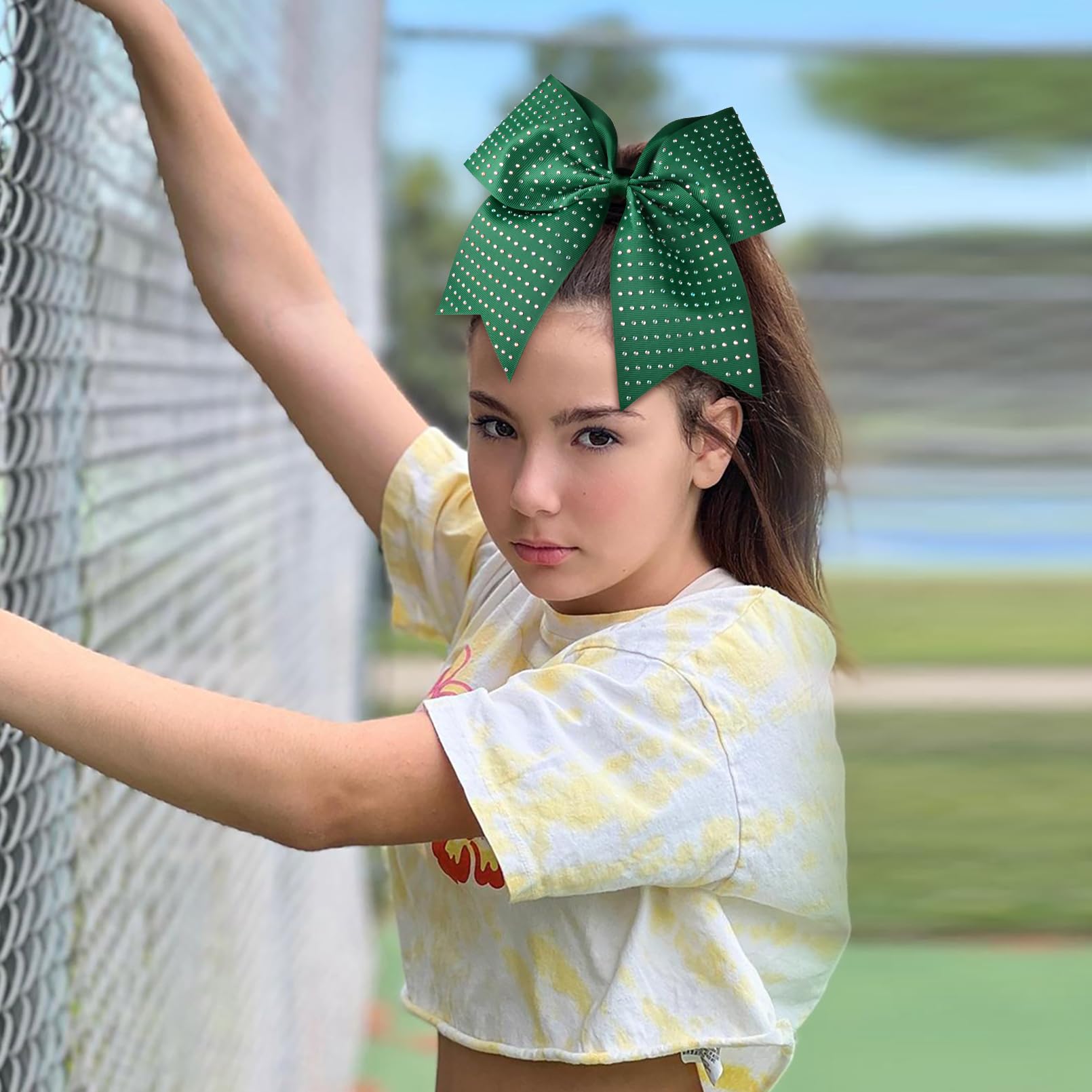 CEELGON 12-Pack Forest Green Glitter Cheer Bows – Large 8-Inch Rhinestone Hair Ties for Teens