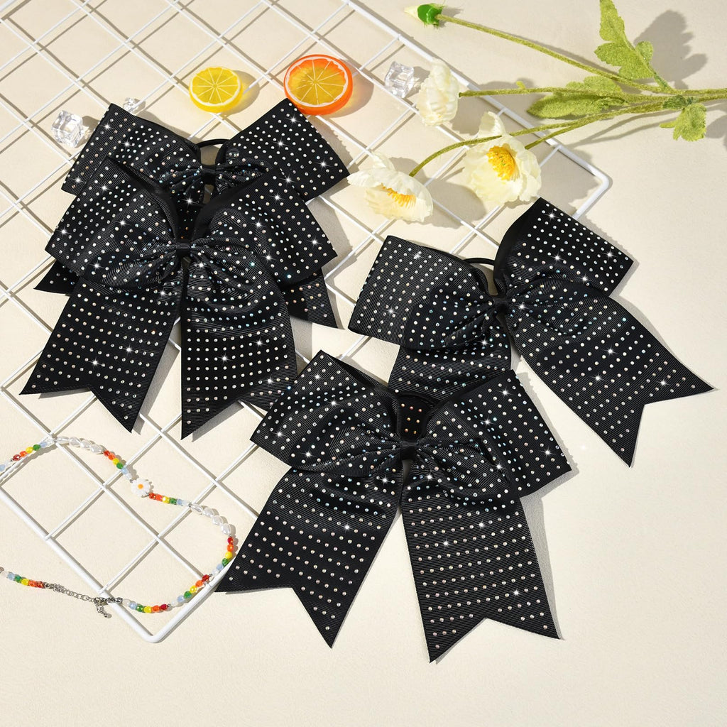 CEELGON 12 Pack Black Glitter Cheer Bows | 8-Inch Rhinestone Ribbon, Elastic Hair Tie
