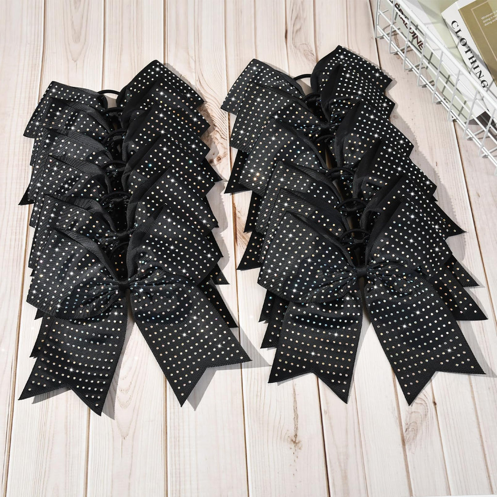 CEELGON 12 Pack Black Glitter Cheer Bows | 8-Inch Rhinestone Ribbon, Elastic Hair Tie