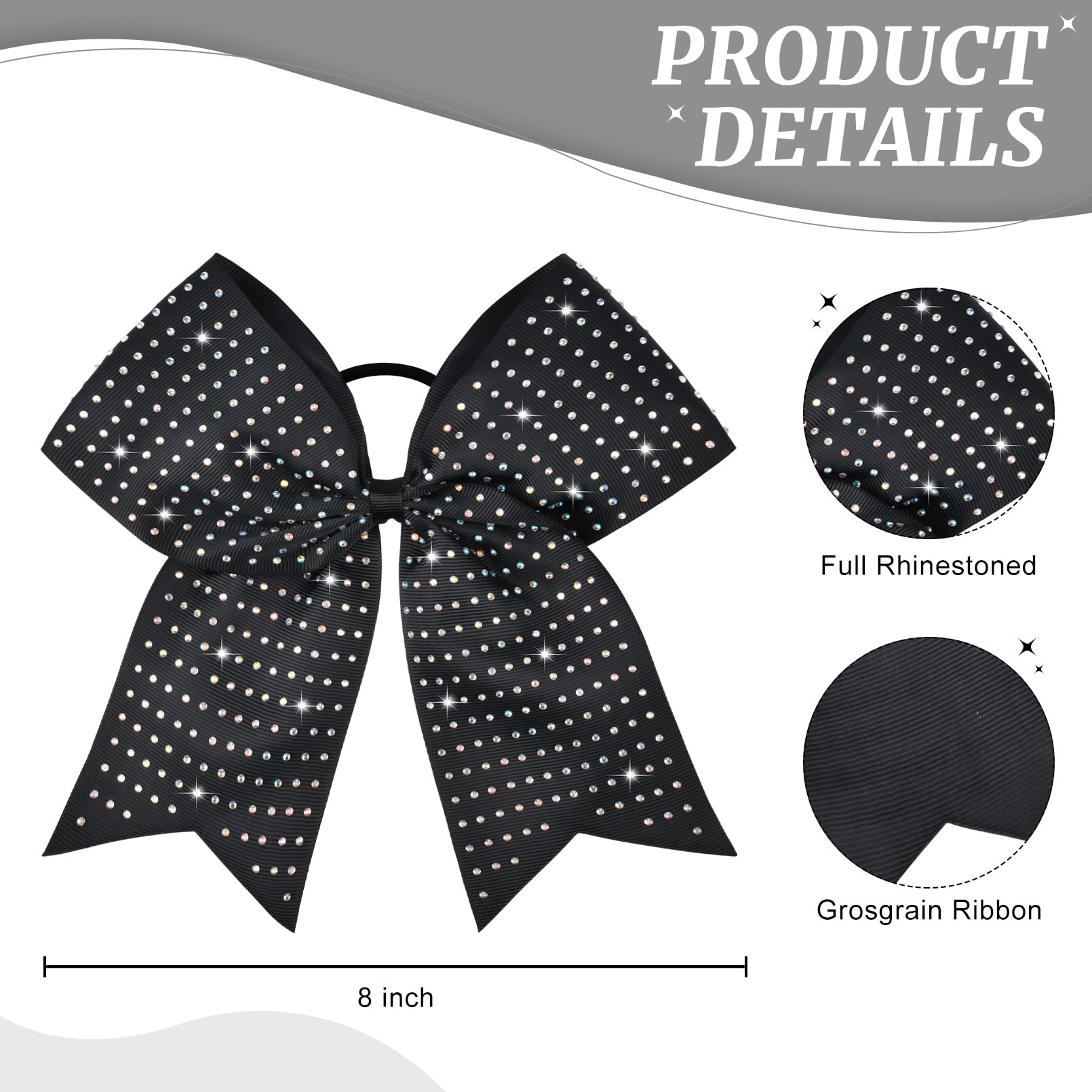 CEELGON 12 Pack Black Glitter Cheer Bows | 8-Inch Rhinestone Ribbon, Elastic Hair Tie