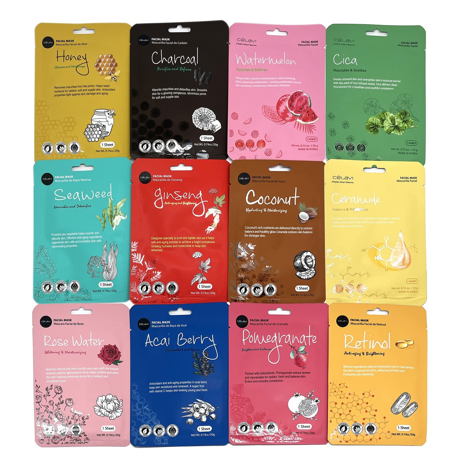 Celavi K-Beauty Essence Masks — 48-Pack Moisturizing Facial Sheet Mask Set