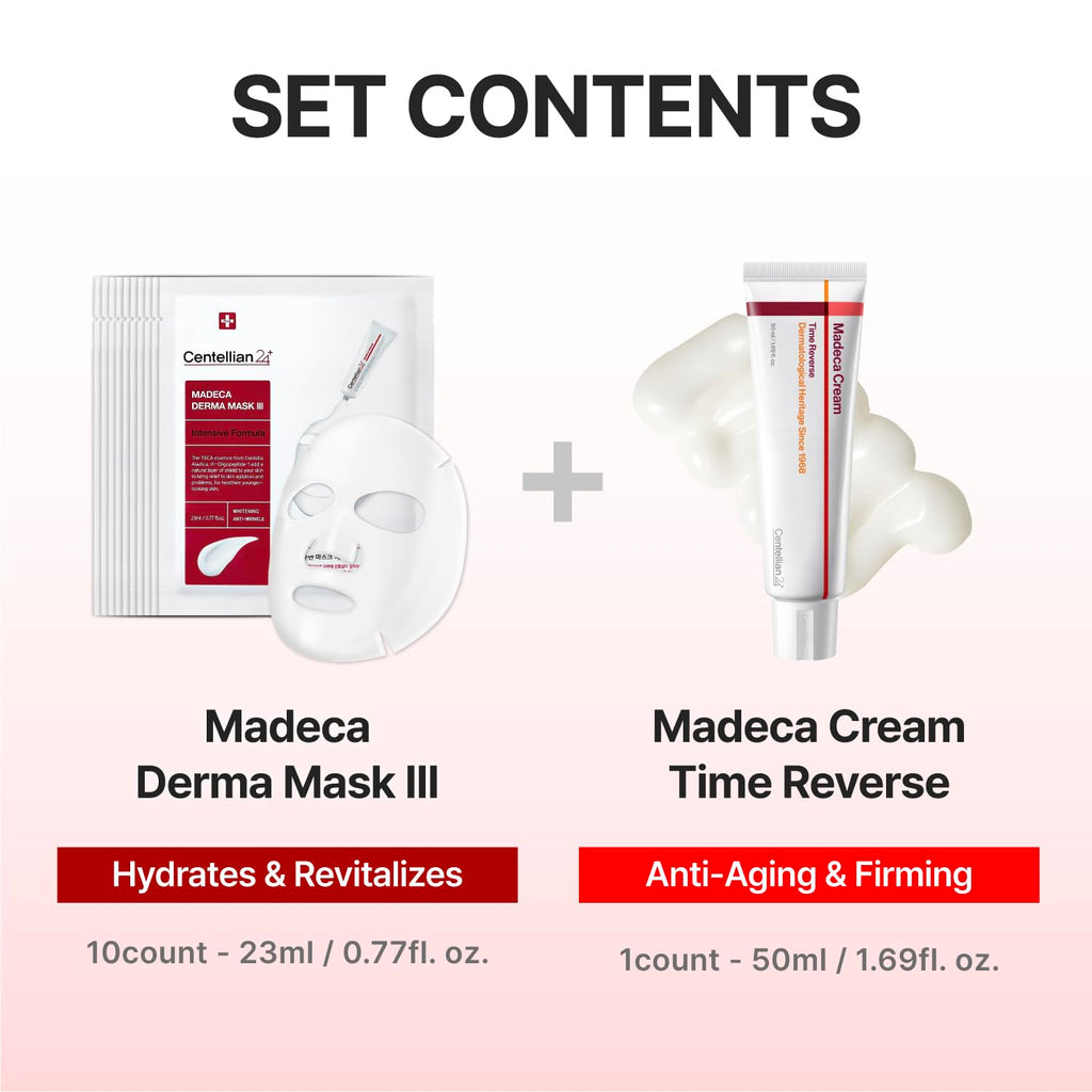 CENTELLIAN 24 Madeca Cream Time Reverse 50ml + Madeca Derma Mask 3(Intensive) 10pc – Hydration, Firming & Wrinkle Care Set