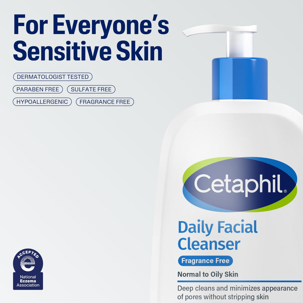 Cetaphil Daily Facial Cleanser – Fragrance-Free, Hypoallergenic Cleanser for Sensitive Skin (16 oz) | Gentle Foaming