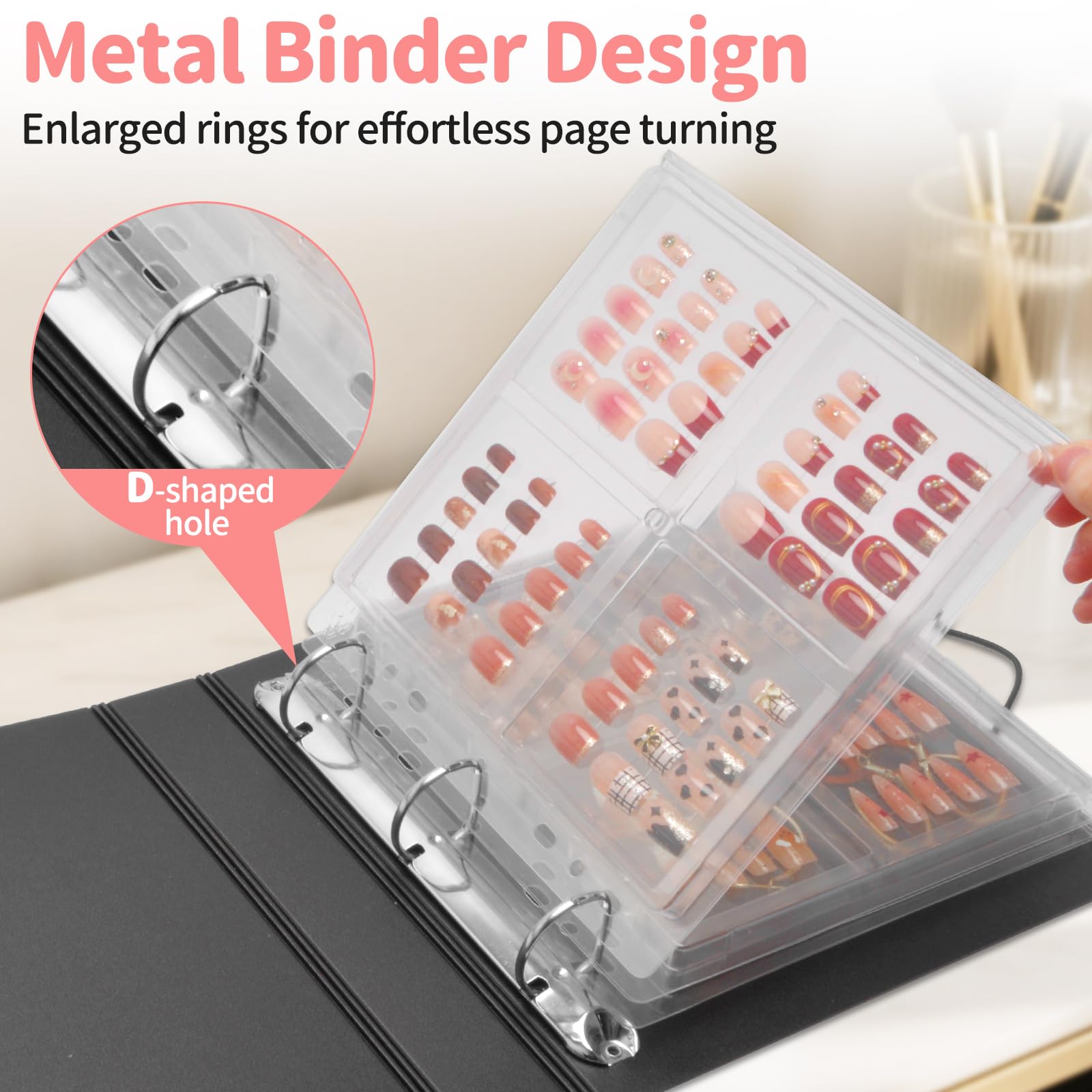 CGBE Press On Nail Organizer – Dustproof Seal, Removable D-Ring Binder Pages, Nail Tape
