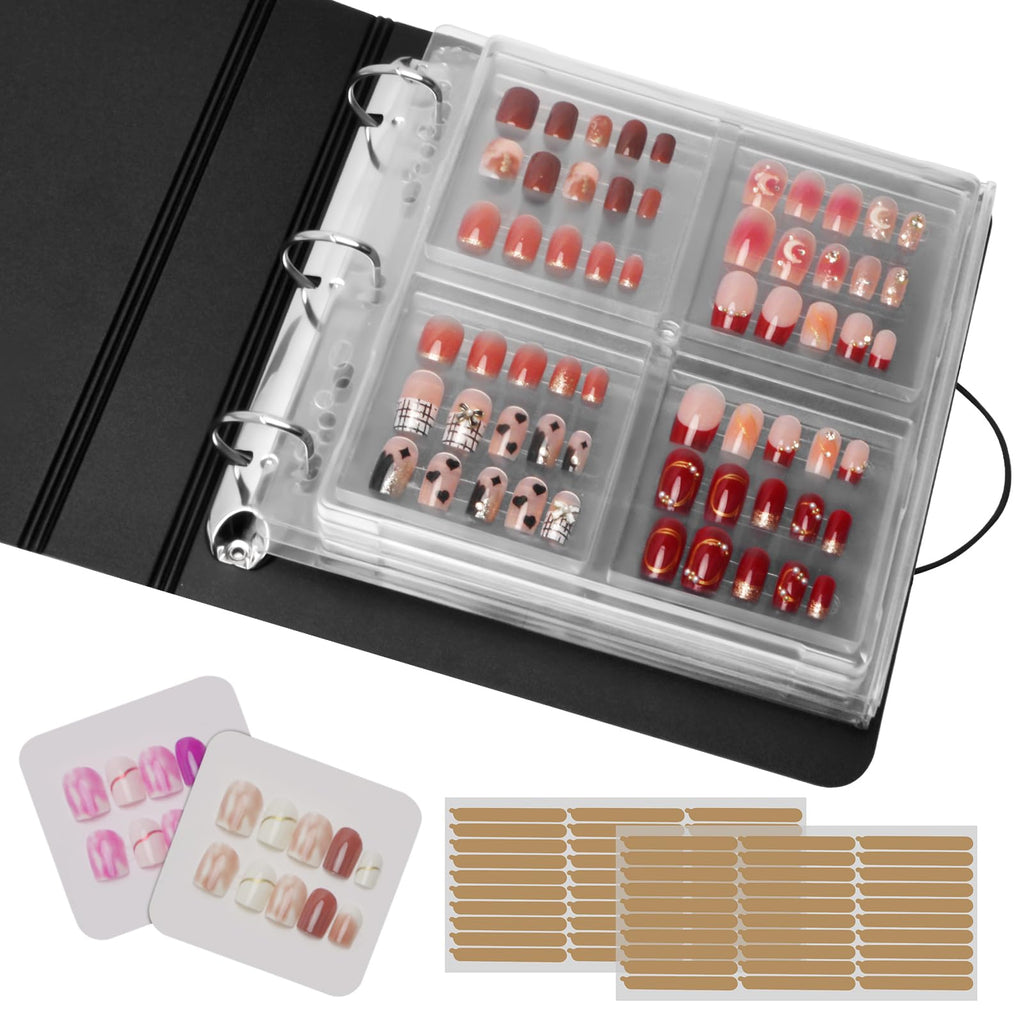 CGBE Press On Nail Organizer – Dustproof Seal, Removable D-Ring Binder Pages, Nail Tape