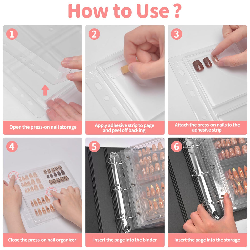 CGBE Press On Nail Organizer – Dustproof Seal, Removable D-Ring Binder Pages, Nail Tape