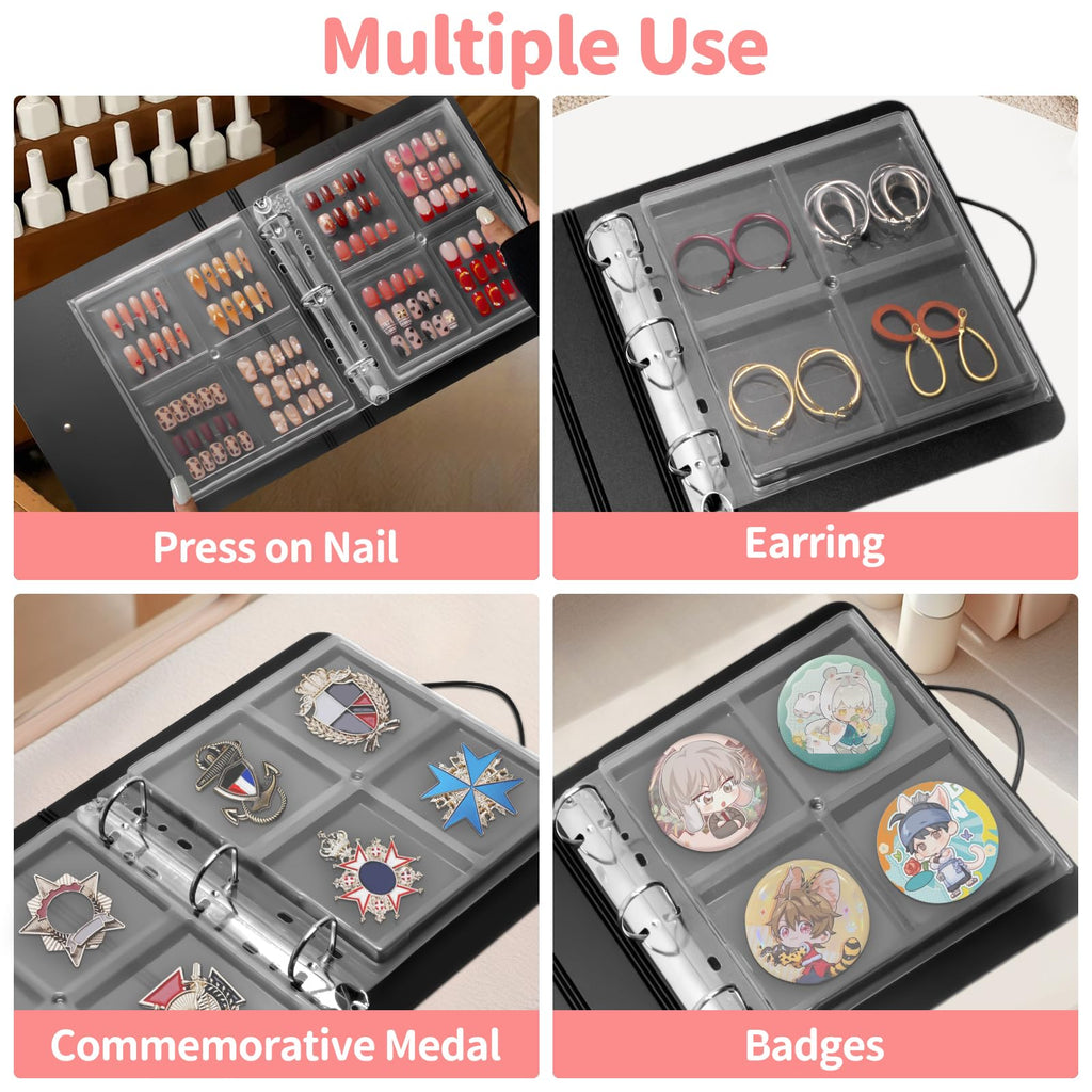 CGBE Press On Nail Organizer – Dustproof Seal, Removable D-Ring Binder Pages, Nail Tape
