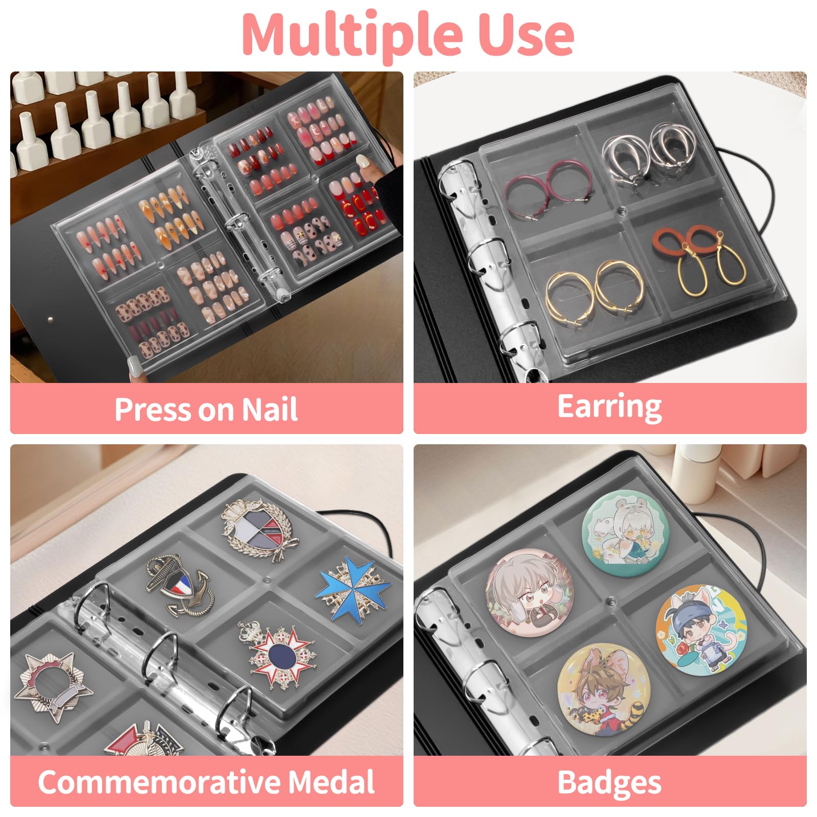CGBE Press On Nail Organizer – Dustproof Seal, Removable D-Ring Binder Pages, Nail Tape
