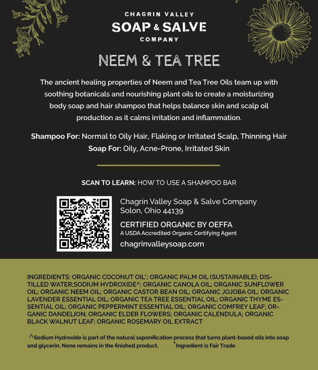 Chagrin Valley Neem and Tea Tree Soap & Shampoo Bar – 5.6 oz, 3-Pack, Sulfate Free, Vegan