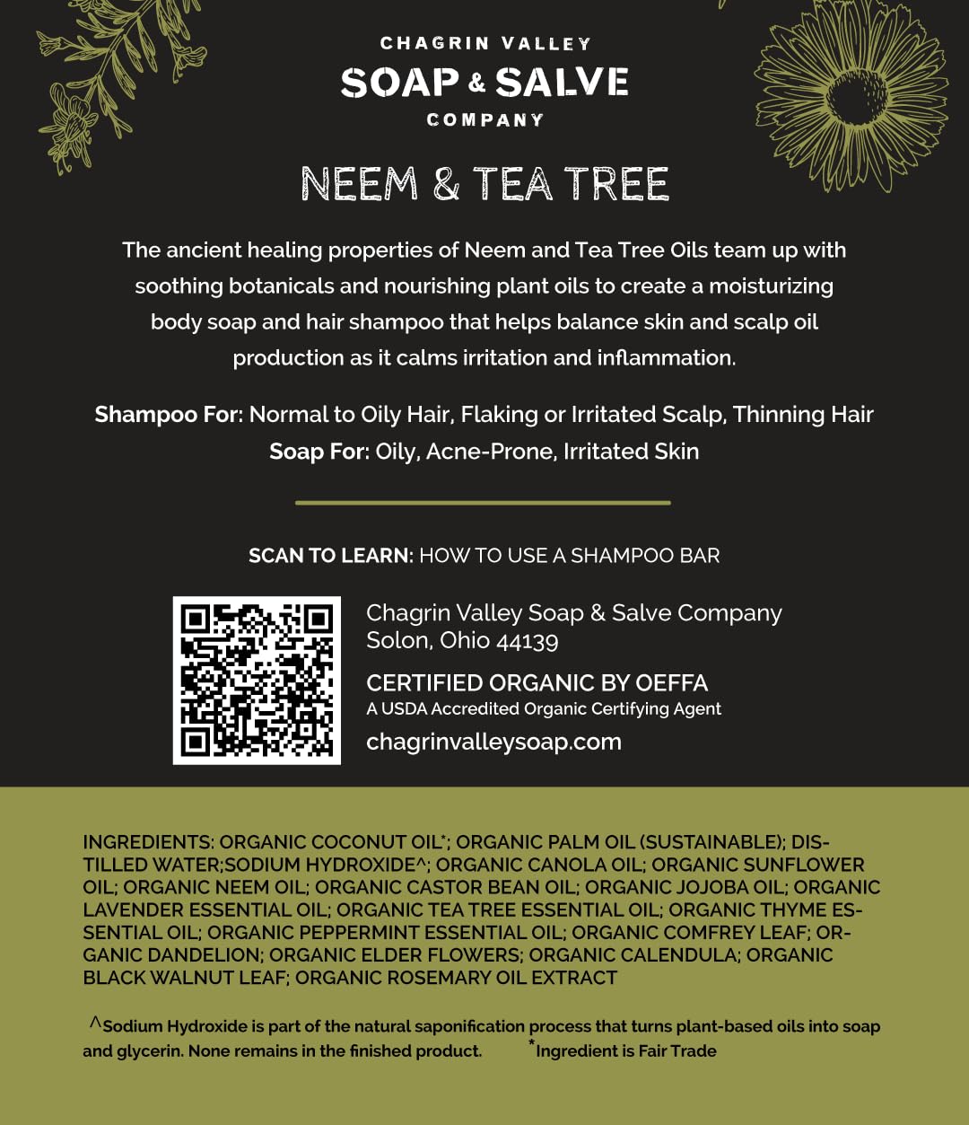 Chagrin Valley Neem and Tea Tree Soap & Shampoo Bar – 5.6 oz, 3-Pack, Sulfate Free, Vegan