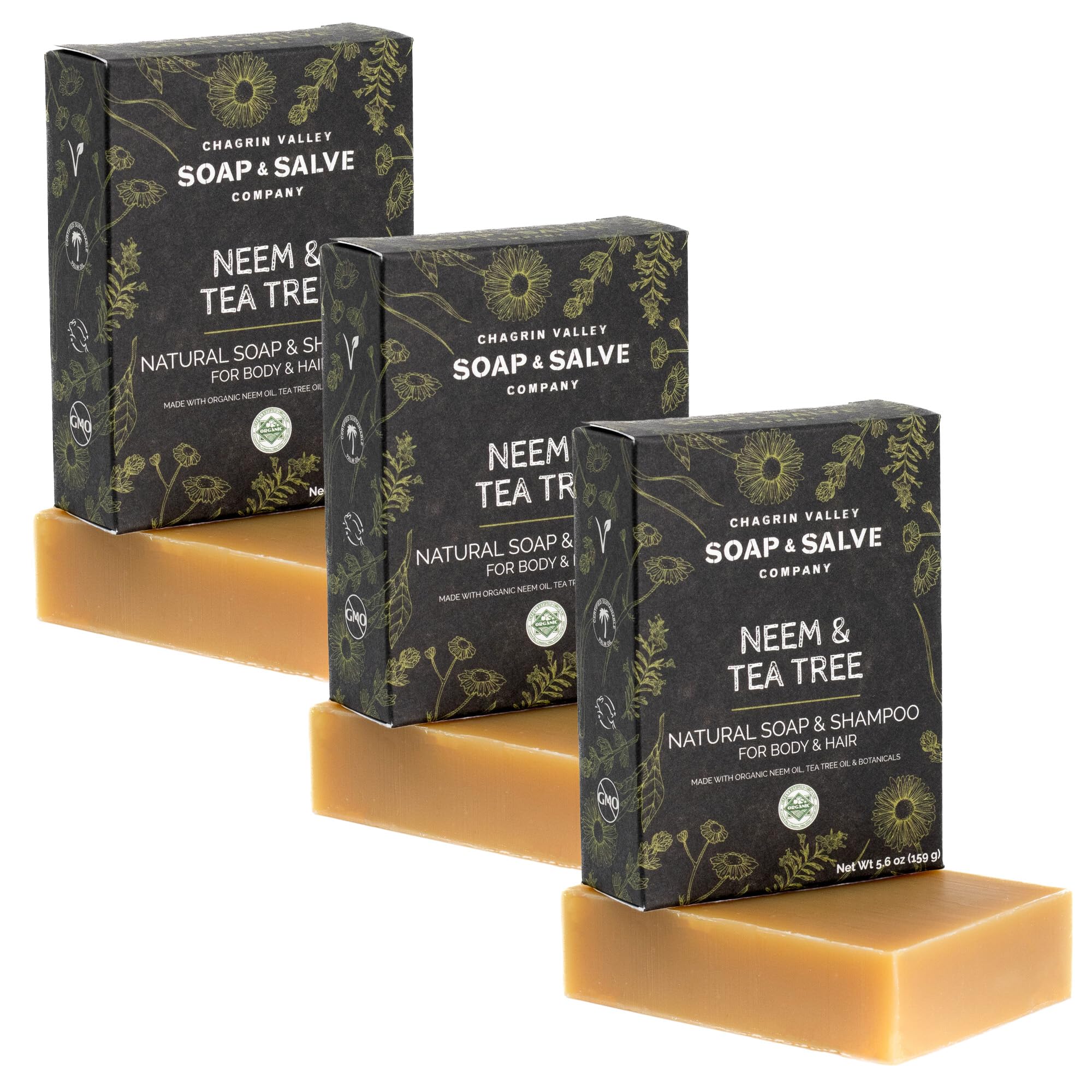 Chagrin Valley Neem and Tea Tree Soap & Shampoo Bar – 5.6 oz, 3-Pack, Sulfate Free, Vegan