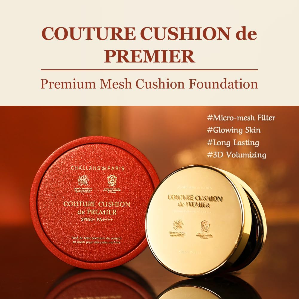[CHALLANS de PARIS] Couture Cushion Foundation – Premier Cream, High Coverage, Hydrating Glow | 23 Medium Beige, 0.35 oz