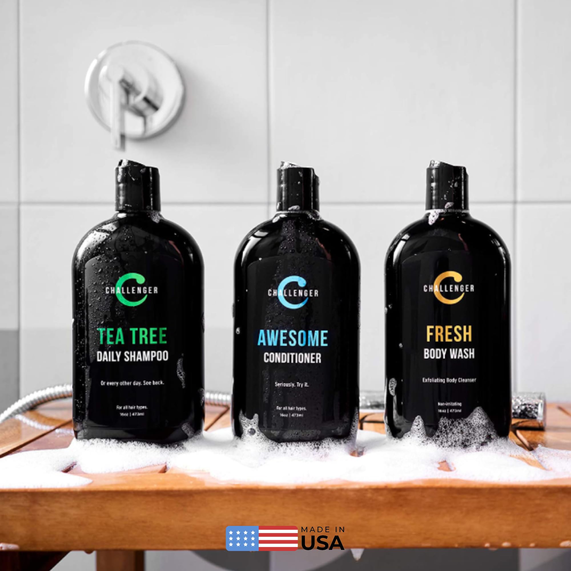 Challenger Men's Tea Tree Shampoo, Conditioner & Body Wash Trio | 3x16oz | Sulfate-Free with Argan Oil, Biotin, Keratin, Vitamins C & D, Protein, No Artificial Colors