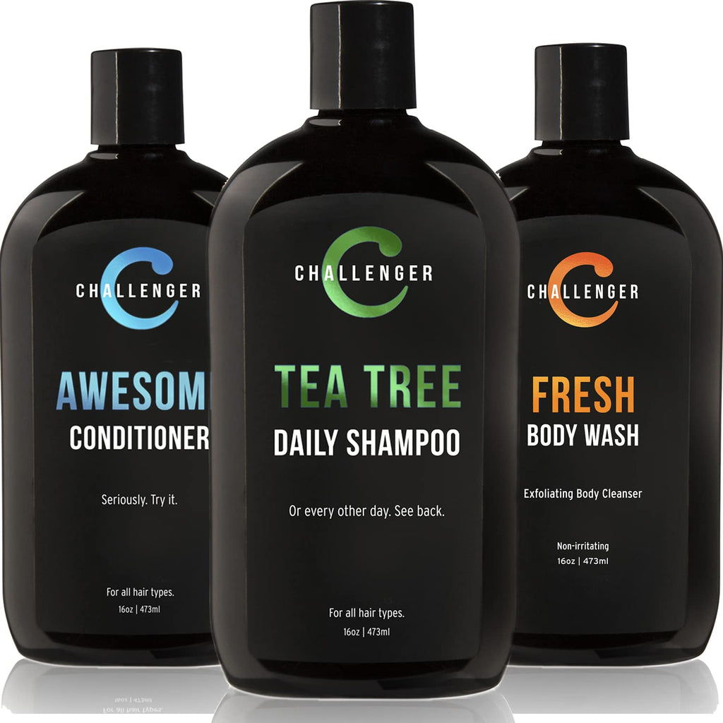 Challenger Men's Tea Tree Shampoo, Conditioner & Body Wash Trio | 3x16oz | Sulfate-Free with Argan Oil, Biotin, Keratin, Vitamins C & D, Protein, No Artificial Colors
