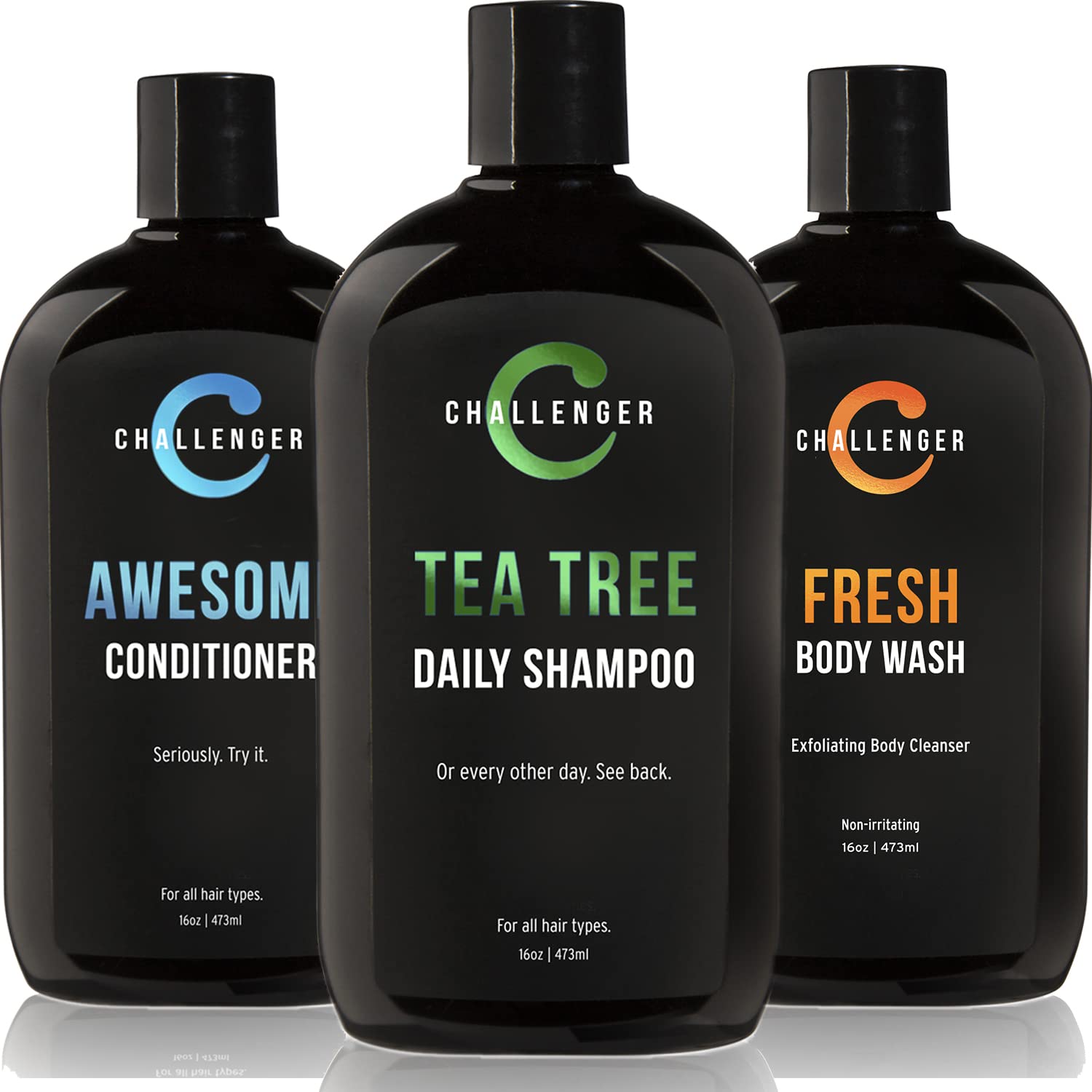 Challenger Men's Tea Tree Shampoo, Conditioner & Body Wash Trio | 3x16oz | Sulfate-Free with Argan Oil, Biotin, Keratin, Vitamins C & D, Protein, No Artificial Colors
