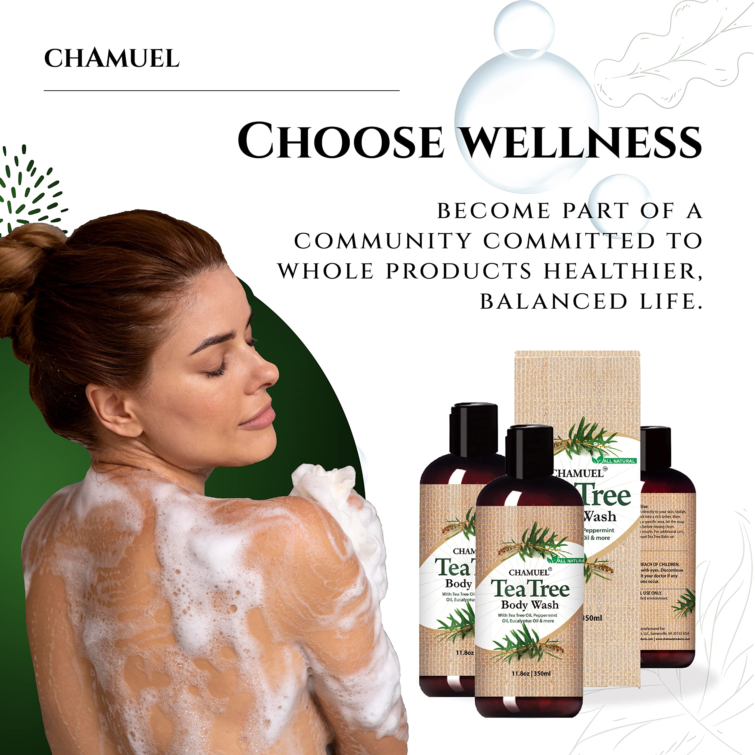 Chamuel Tea Tree Body Wash – 100% Natural, Gentle Cleanse for All Skin Types (11.8 oz)