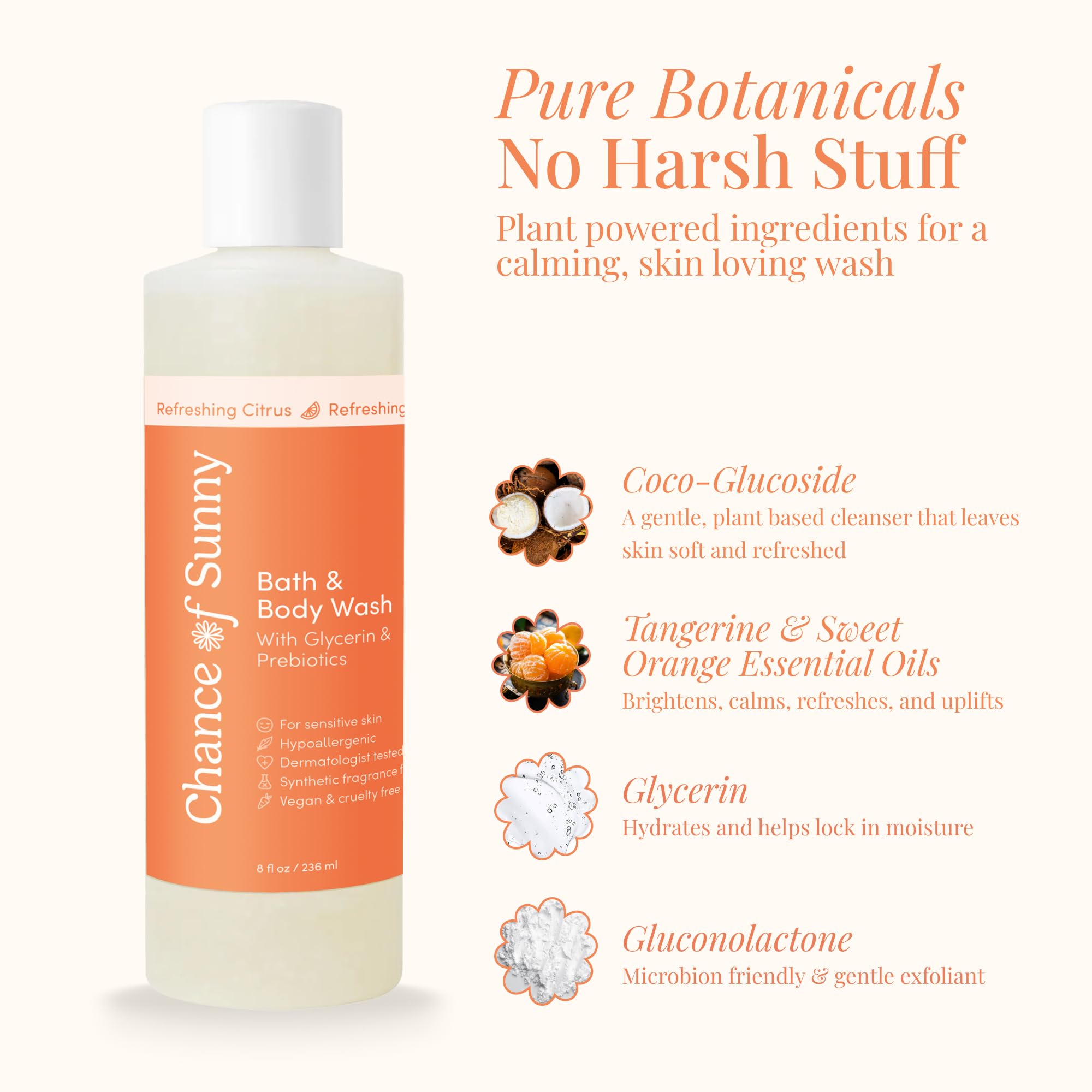 CHANCE OF SUNNY Refreshing Citrus Bath & Body Wash – Hypoallergenic, Vegan with Glycerin & Prebiotics (8 oz)