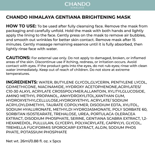 CHANDO HIMALAYA Gentiana Sheet Mask (26ml x5) – Revitalizing Hydration with Gentiana Scabra Extract, Paraben-Free