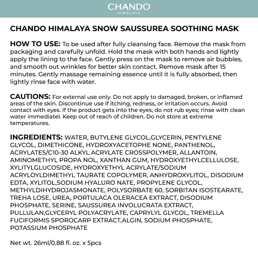 CHANDO HIMALAYA Snow Saussurea Mask – Soothing & Hydrating Paraben-Free Facial Sheet (26ml x5)