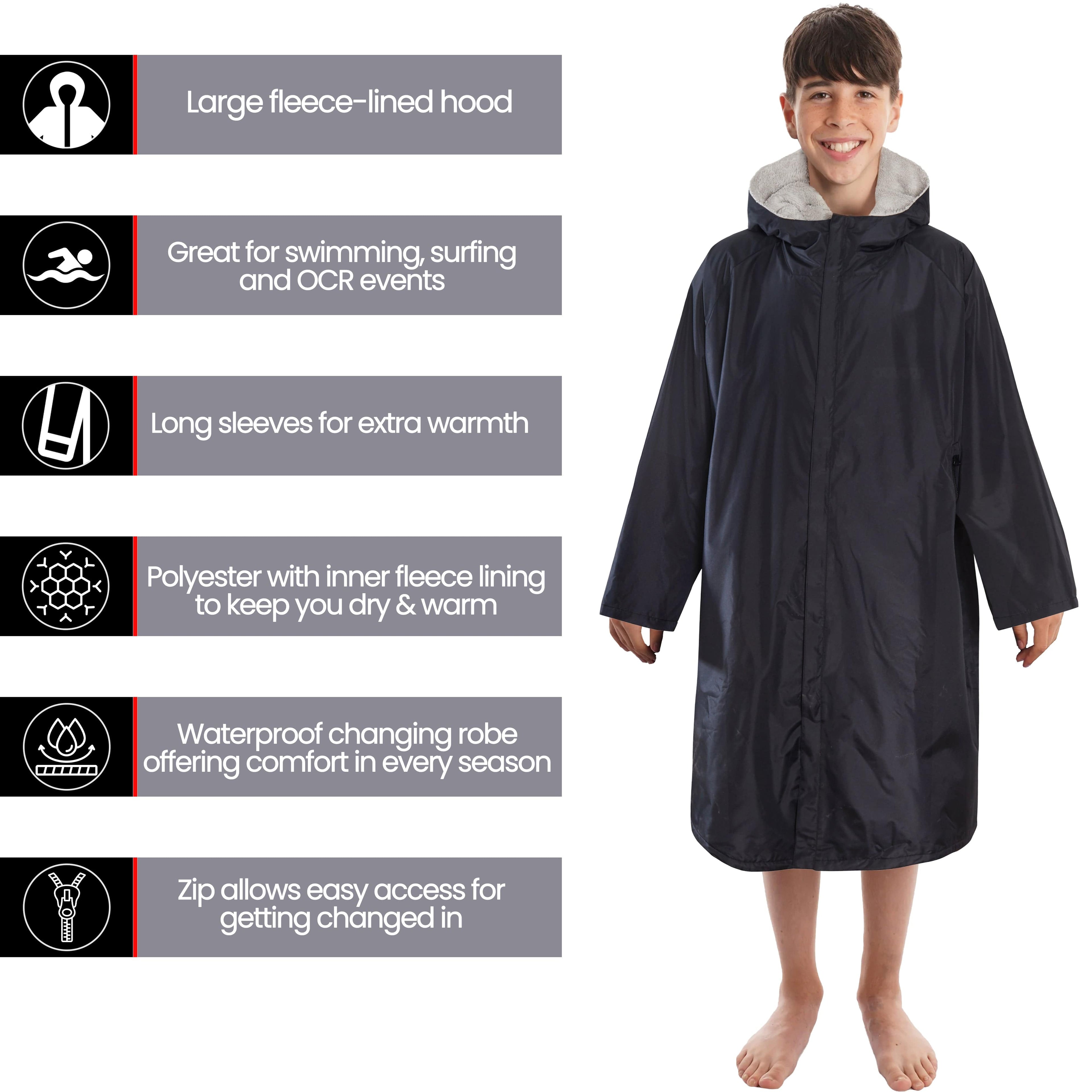 Heatwave Thermalwear Changing Robe Kids Unisex Hooded Coat Black Grey Windproof Warm Brushed Winter Base Layer