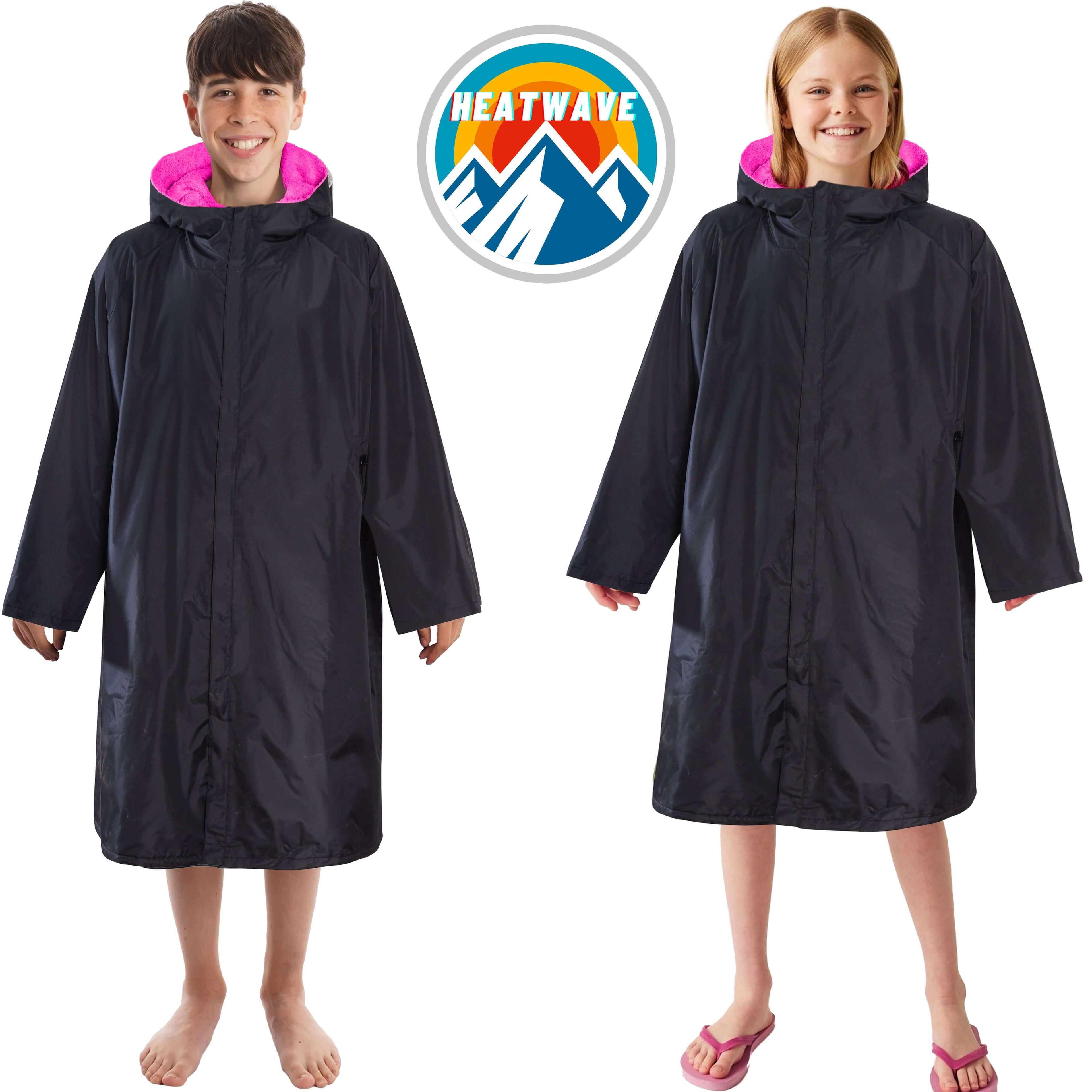 Heatwave Thermalwear Changing Robe Kids Unisex Hooded Coat Black Pink Windproof Winter Warm Brushed Base Layer