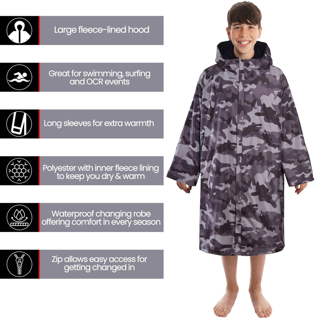 Heatwave Thermalwear Changing Robe Kids Unisex Hooded Coat Camouflage Black Windproof