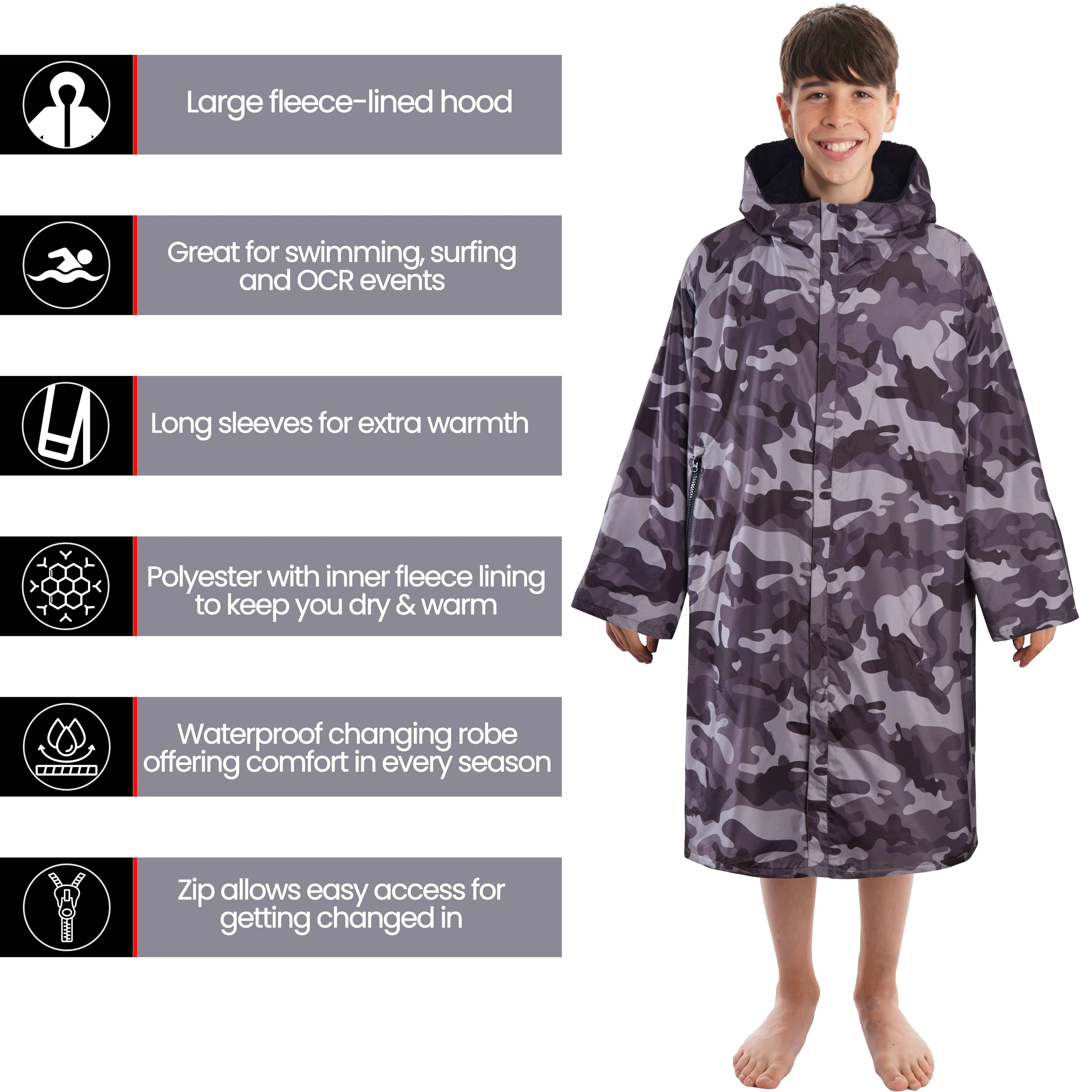 Heatwave Thermalwear Changing Robe Kids Unisex Hooded Coat Camouflage Black Windproof