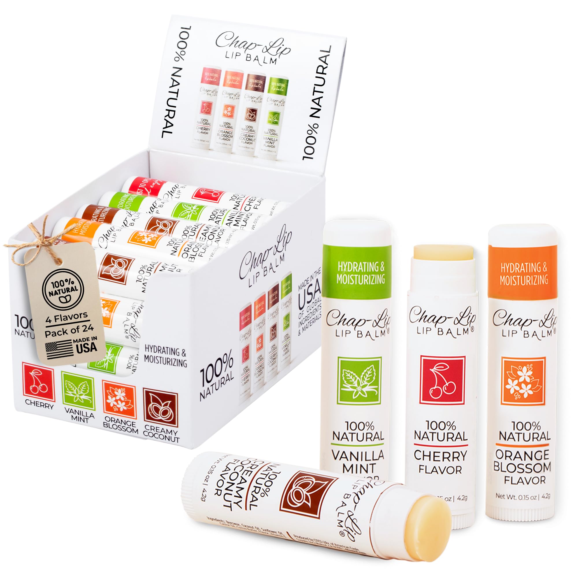 Chap-Lip Lip Balm 100% Natural Lip Balm Set – 24 Count, 2-Pack | Hydrating Beeswax Lip Care with Coconut Oil & Cocoa Butter (Petroleum-Free)