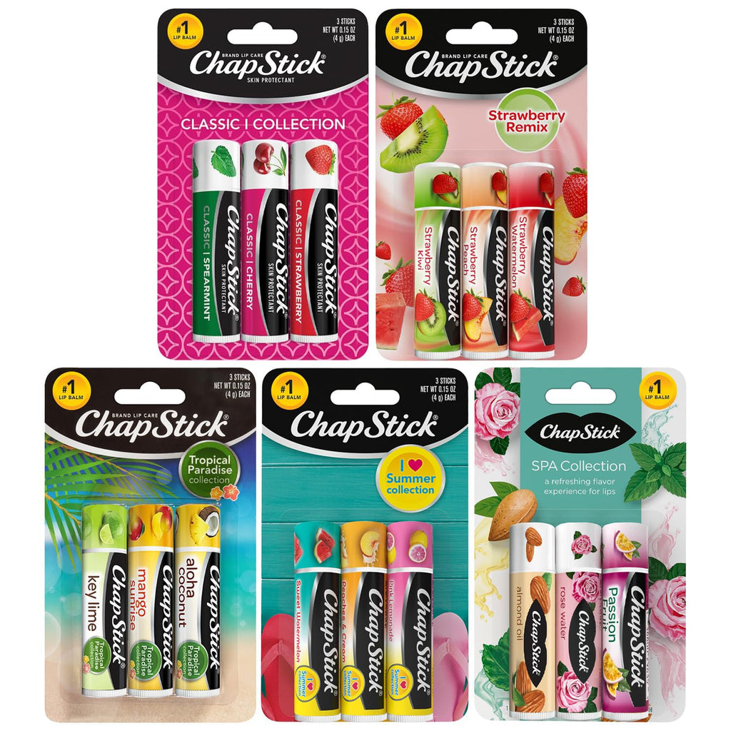 ChapStick Lip Balm 15-Pack – Sweet & Fruity Flavors + Spa & Classic Collections (Strawberry Remix, I Love Summer, Tropical Paradise) – 0.15 oz