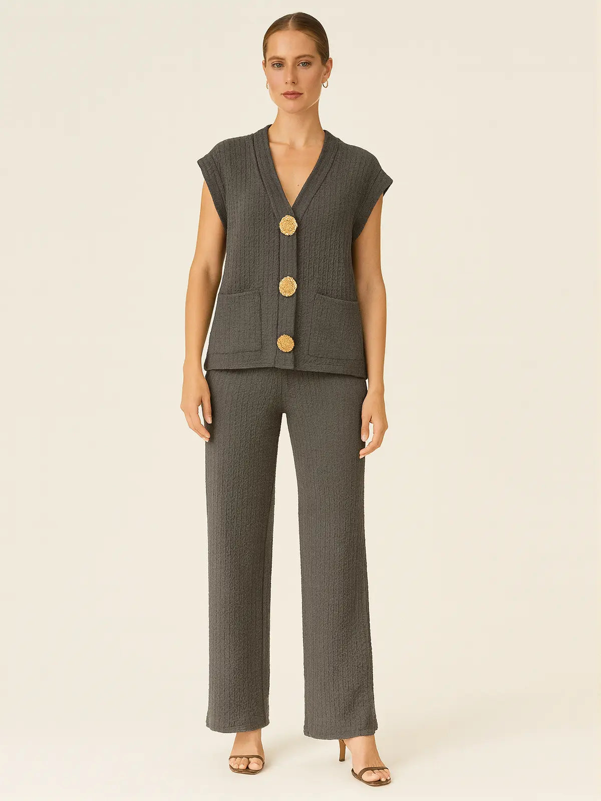 3-Gold Button Short Sleeve Set