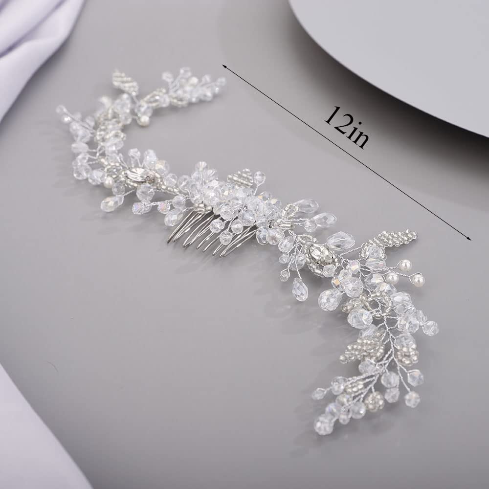 Chargances Wedding Crystal Beaded Hair Vine Comb – Green-Gold Pearl Leaf Headpiece for Bridal & Prom
