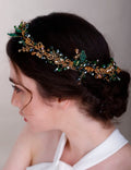 Chargances Wedding Crystal Beaded Hair Vine Comb – Green-Gold Pearl Leaf Headpiece for Bridal & Prom