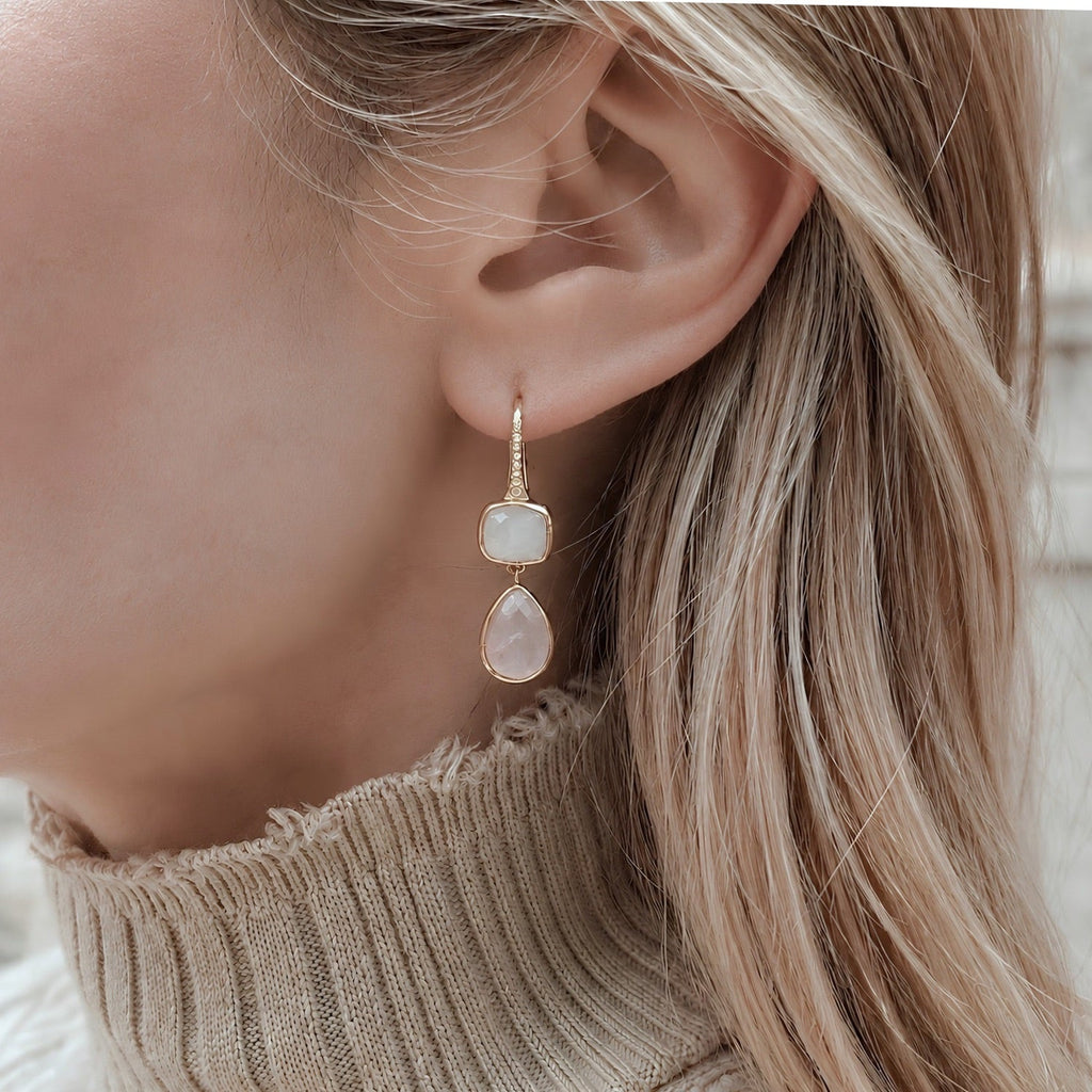 Charis Double Gemstone Earrings Moonstone & Rose Quartz