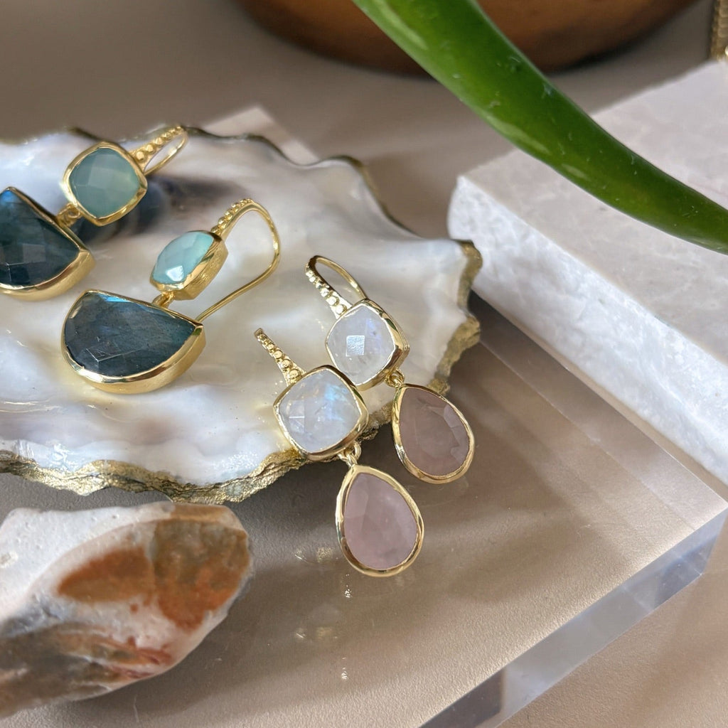 Charis Double Gemstone Earrings Moonstone & Rose Quartz