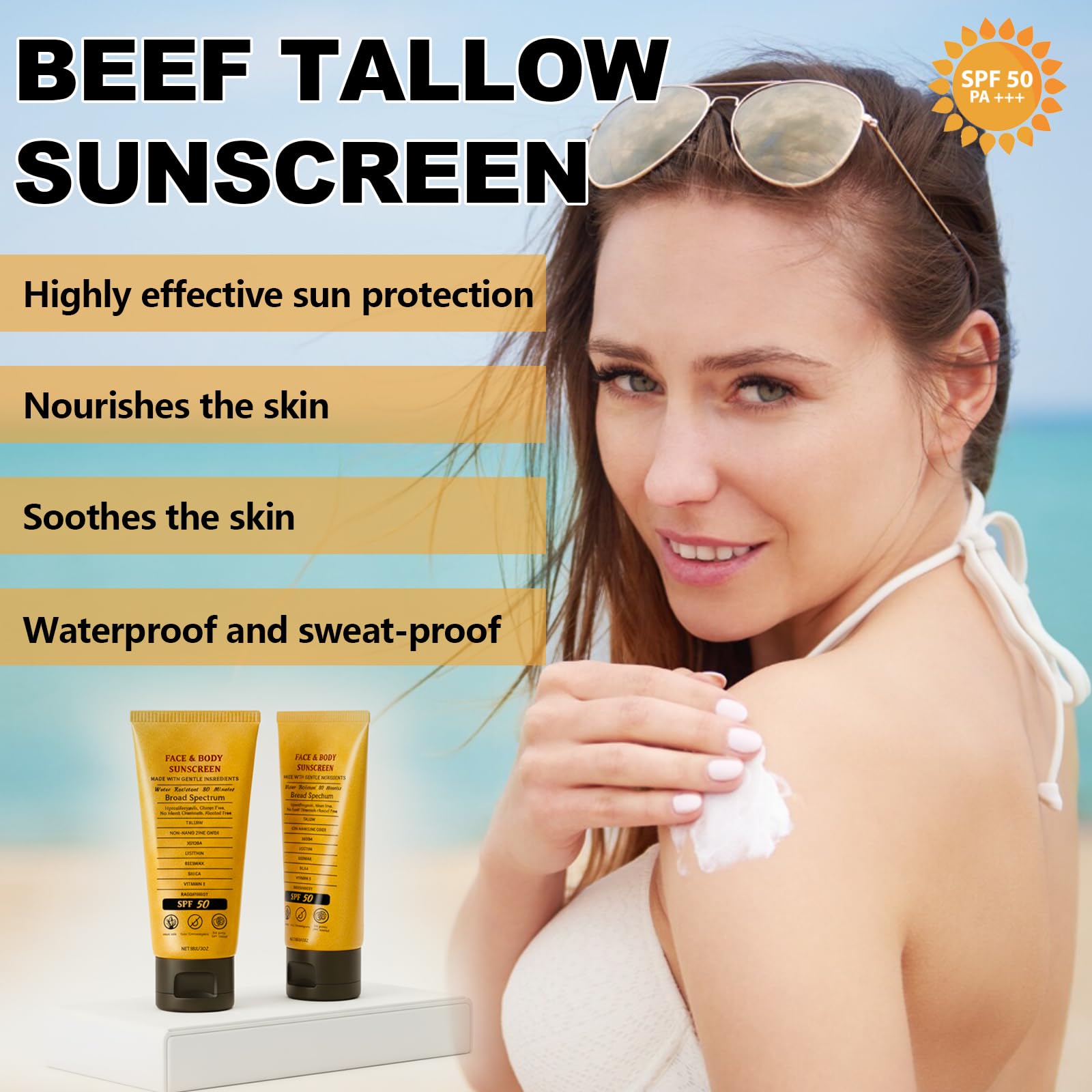 Charunee Beef Tallow Sunscreen with Zinc Oxide SPF 50 - 2x85g, Reef Safe, Non-Greasy