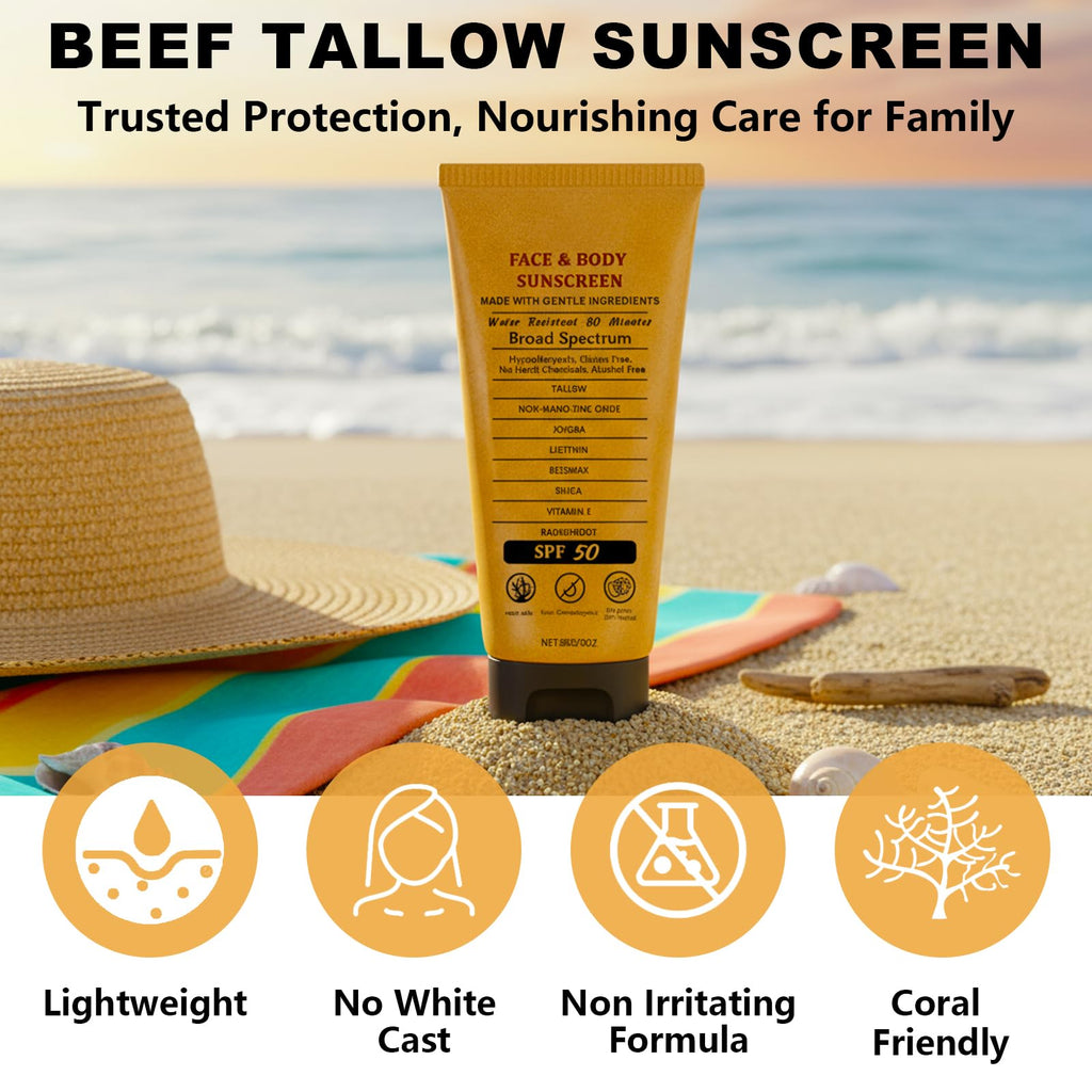 Charunee Beef Tallow Sunscreen with Zinc Oxide SPF 50 - 2x85g, Reef Safe, Non-Greasy
