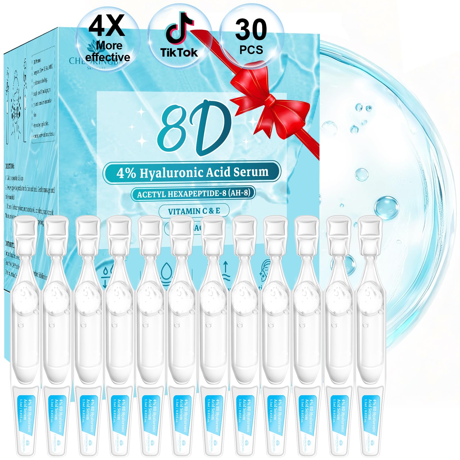 CHEOKINGBA 4% Hyaluronic Acid Serum – 8D Hydration, 20,000ppm Acetyl Hexapeptide-8, Korean Single-Use Ampoules, 30pcs