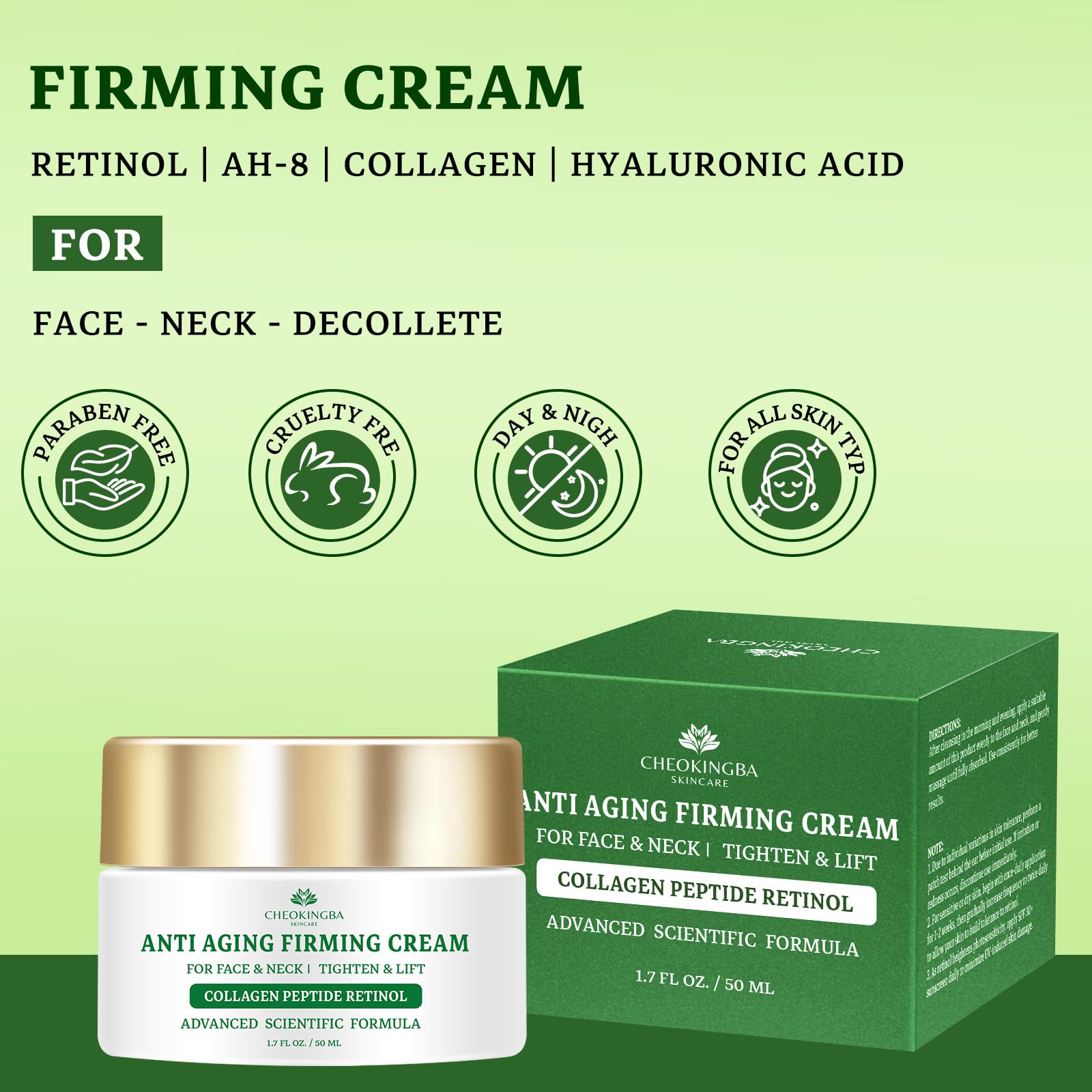 CHEOKINGBA Tighten and Lift Neck Cream – Retinol, AH-8 Peptides, Collagen + Hyaluronic Acid, 1.7 oz