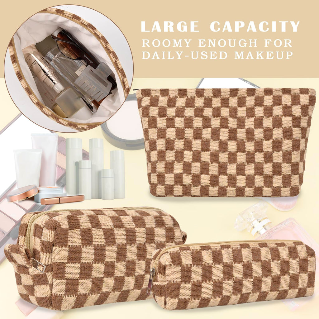 ChezMax Checkered Makeup Bags Set - 3-Piece Travel Cosmetic Bags in Brown