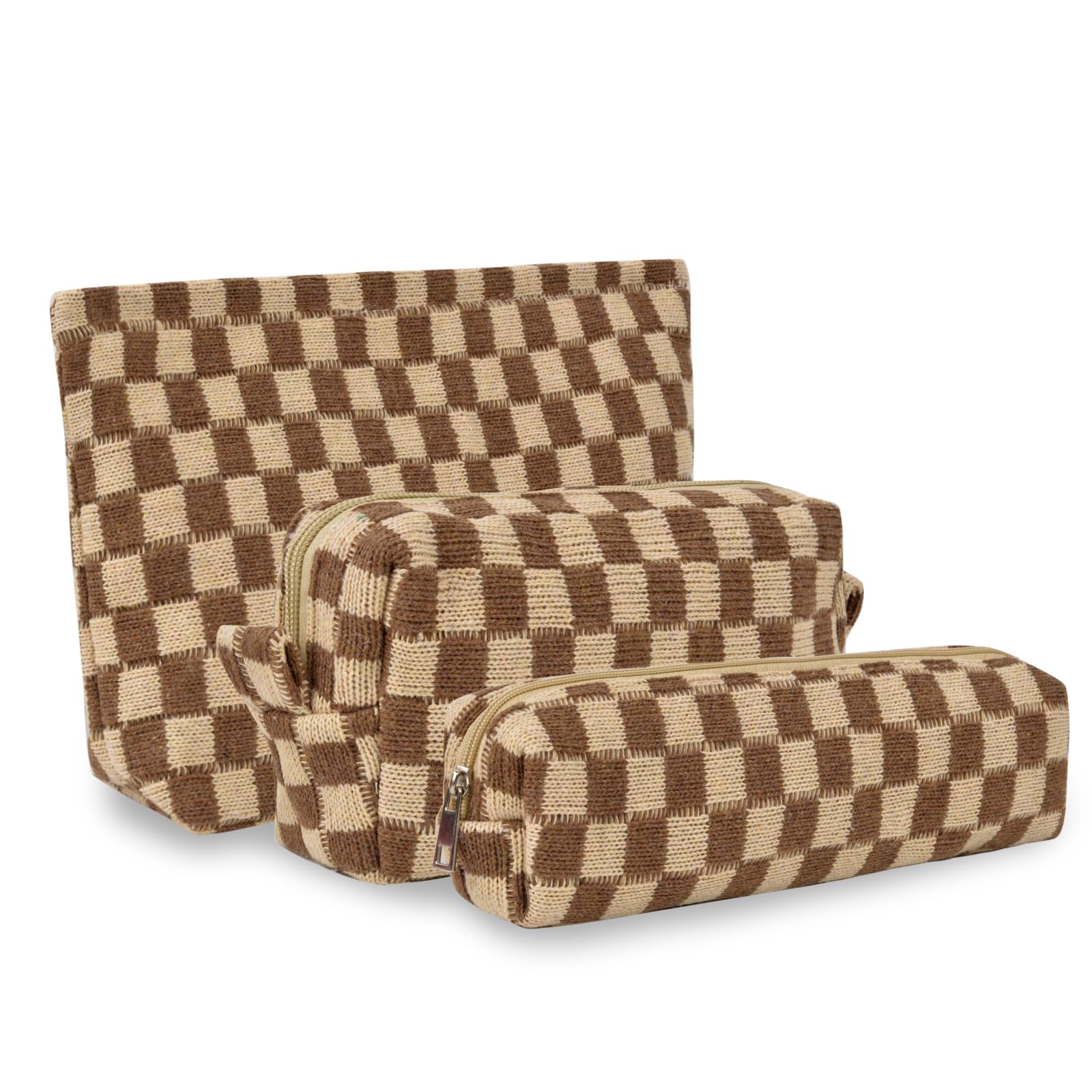ChezMax Checkered Makeup Bags Set - 3-Piece Travel Cosmetic Bags in Brown