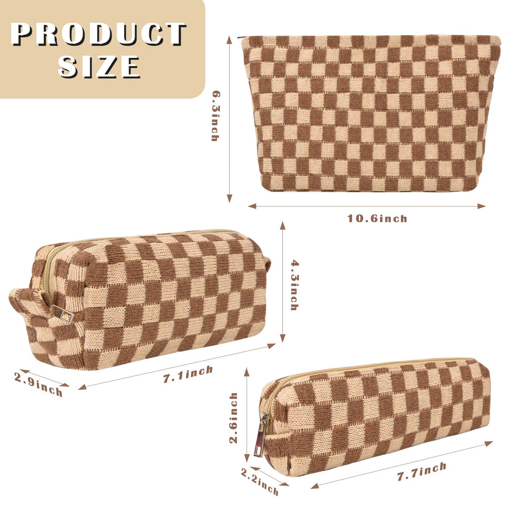 ChezMax Checkered Makeup Bags Set - 3-Piece Travel Cosmetic Bags in Brown