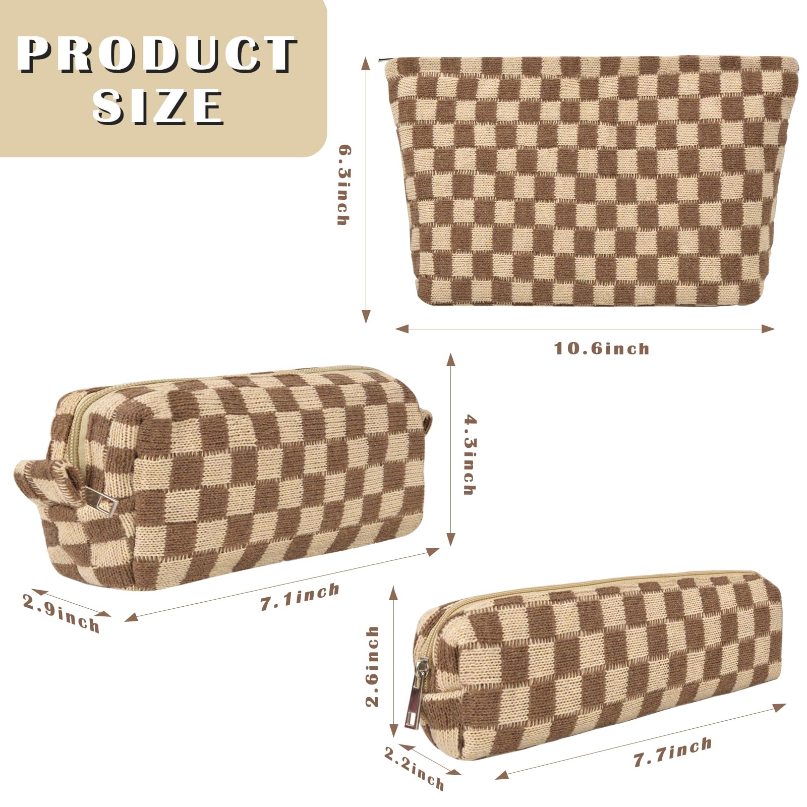 ChezMax Checkered Makeup Bags Set - 3-Piece Travel Cosmetic Bags in Brown