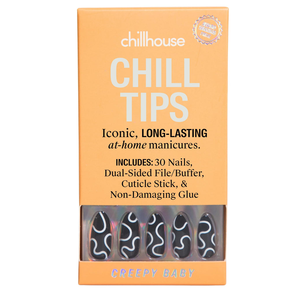 Chillhouse Chill Tips Press-On Nails Kit – Creepy Baby Almond Tips | 30 Shapes & Reusable