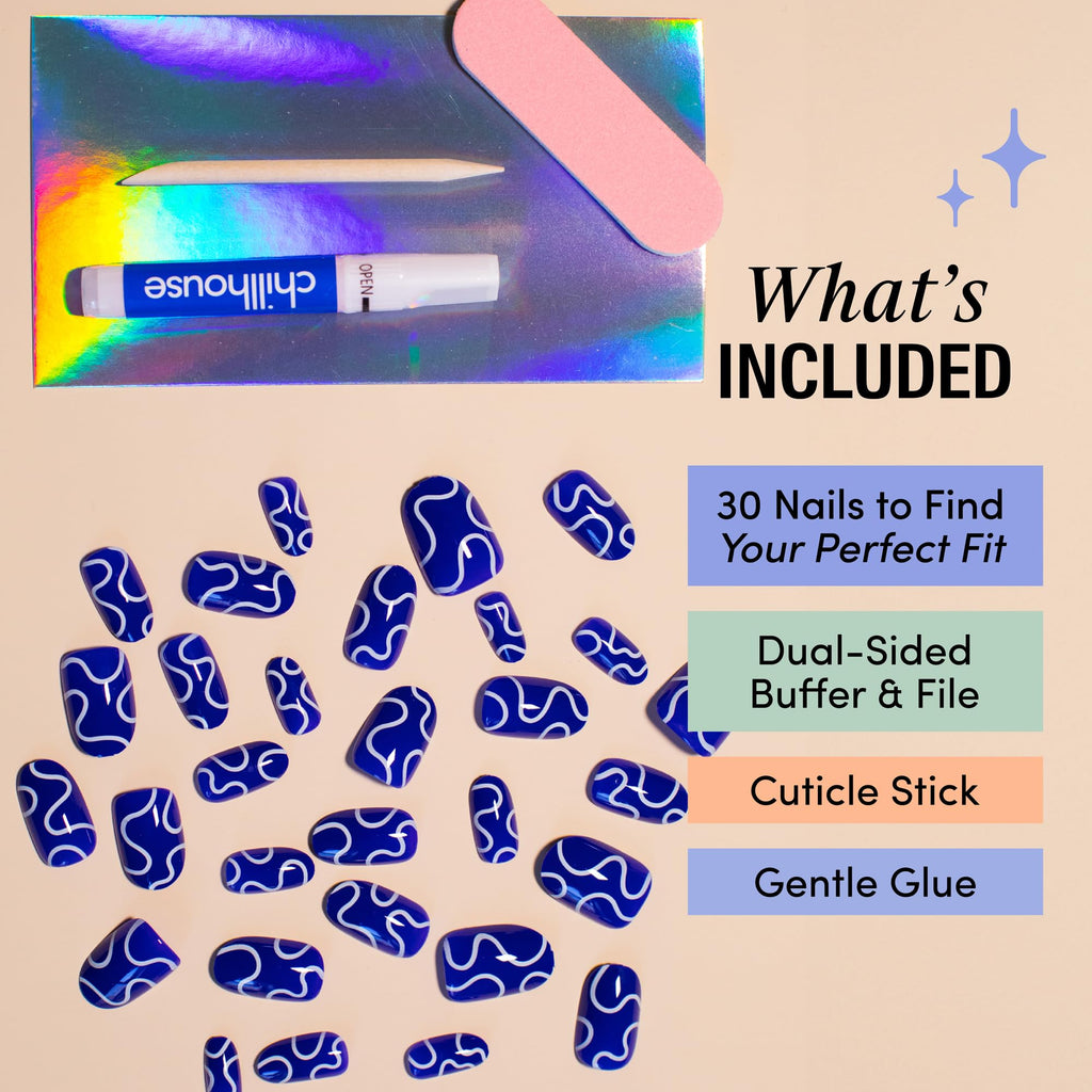 Chillhouse Chill Tips Press-On Nails Kit - Wavy Baby 2.0 Oval, 30 Shapes, Reusable