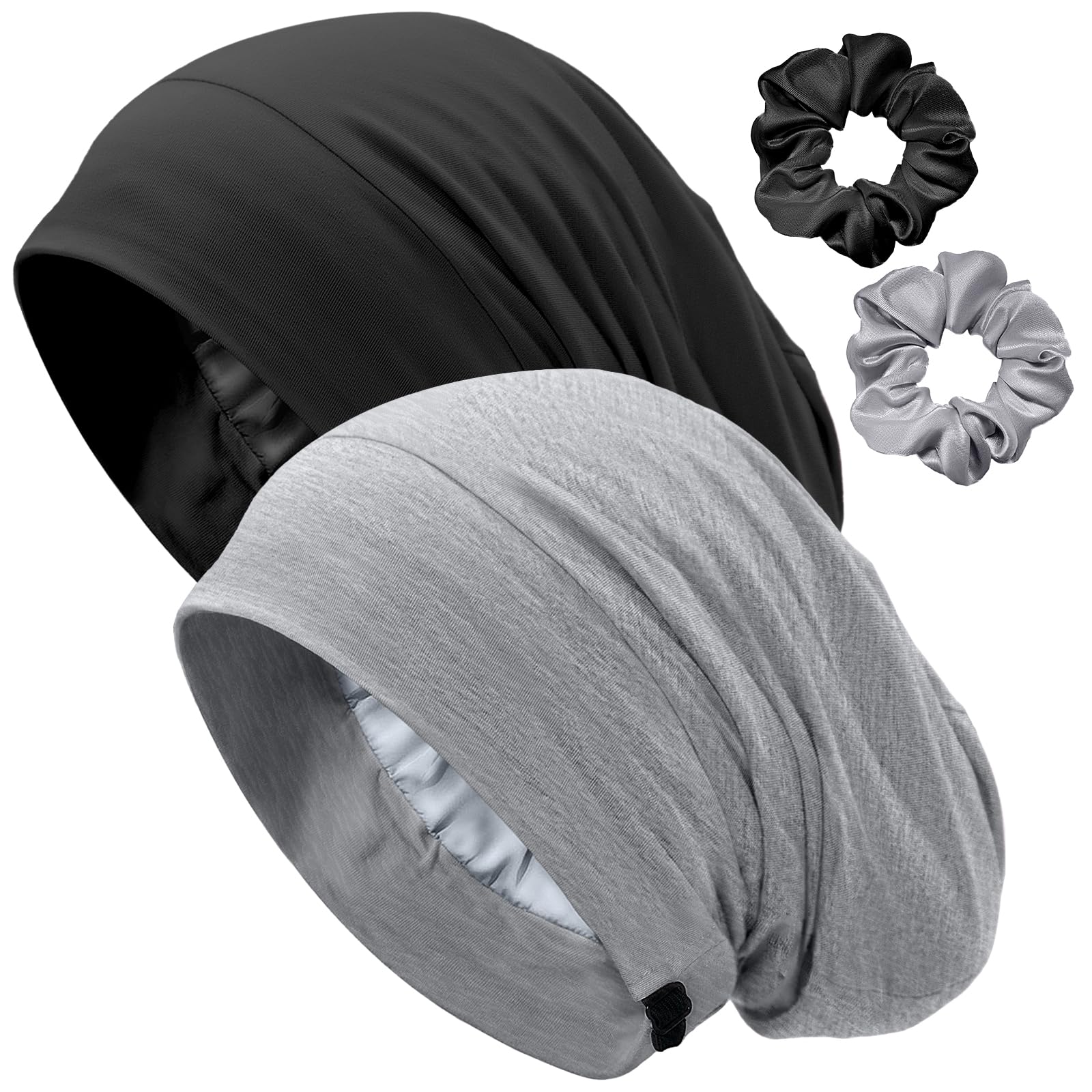 Choshion Satin-Lined Bonnet for Sleeping – Adjustable Sleep Cap (Black/Gray)
