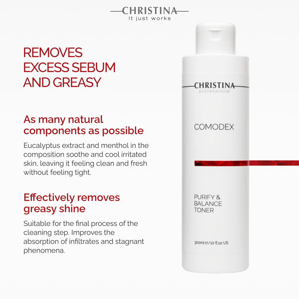 Christina Comodex Purify & Balance Toner 300ml | Eucalyptus & Tasman Pepper, PH-Balancing for Oily/Combination Skin