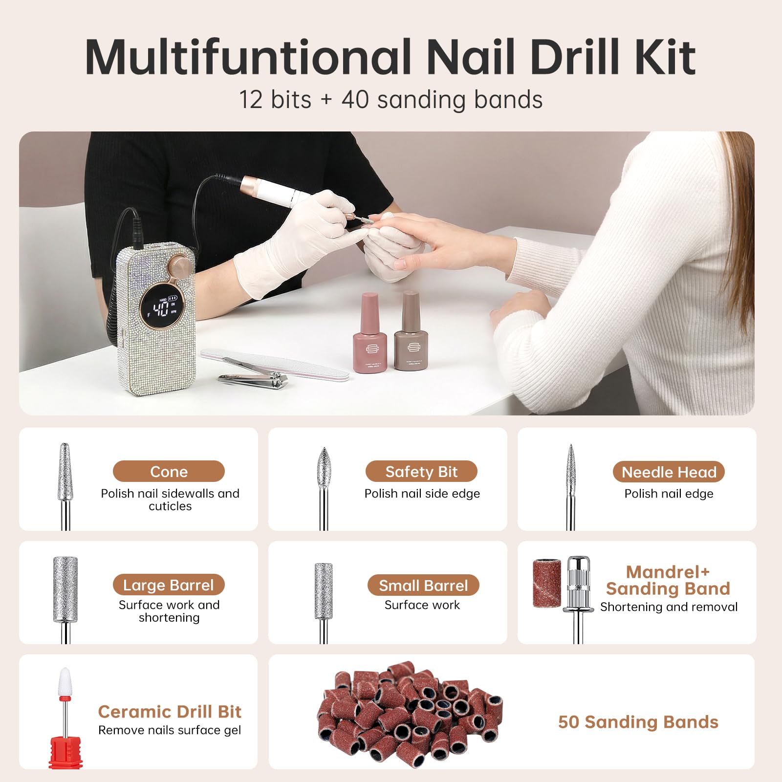 CHRISTINE SHELLY Electric Nail Drill 40000RPM – Cordless E-File Kit with 12 Bits