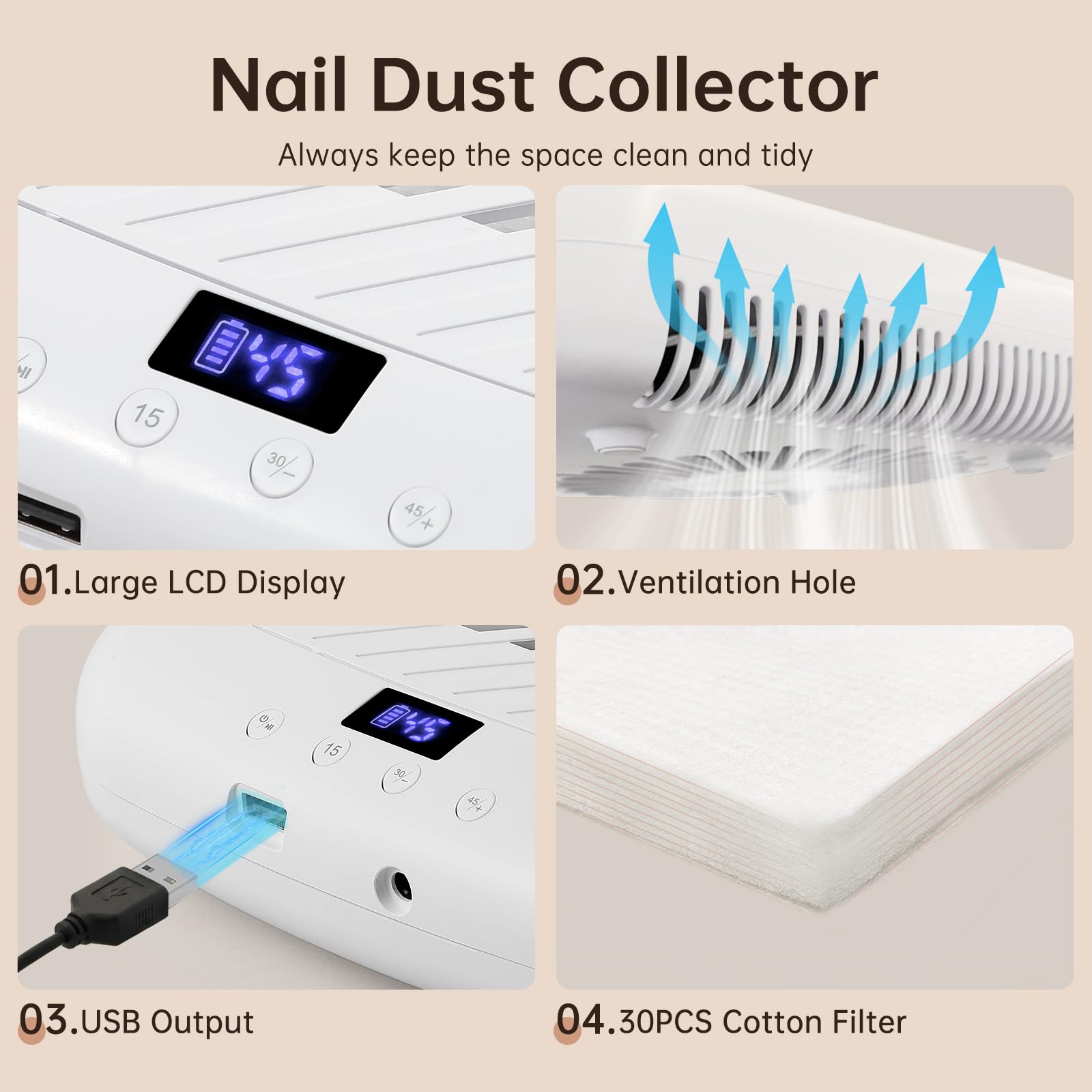 CHRISTINE SHELLY Nail Dust Collector – Cordless 4500RPM Vacuum, 7200mAh, Low Noise