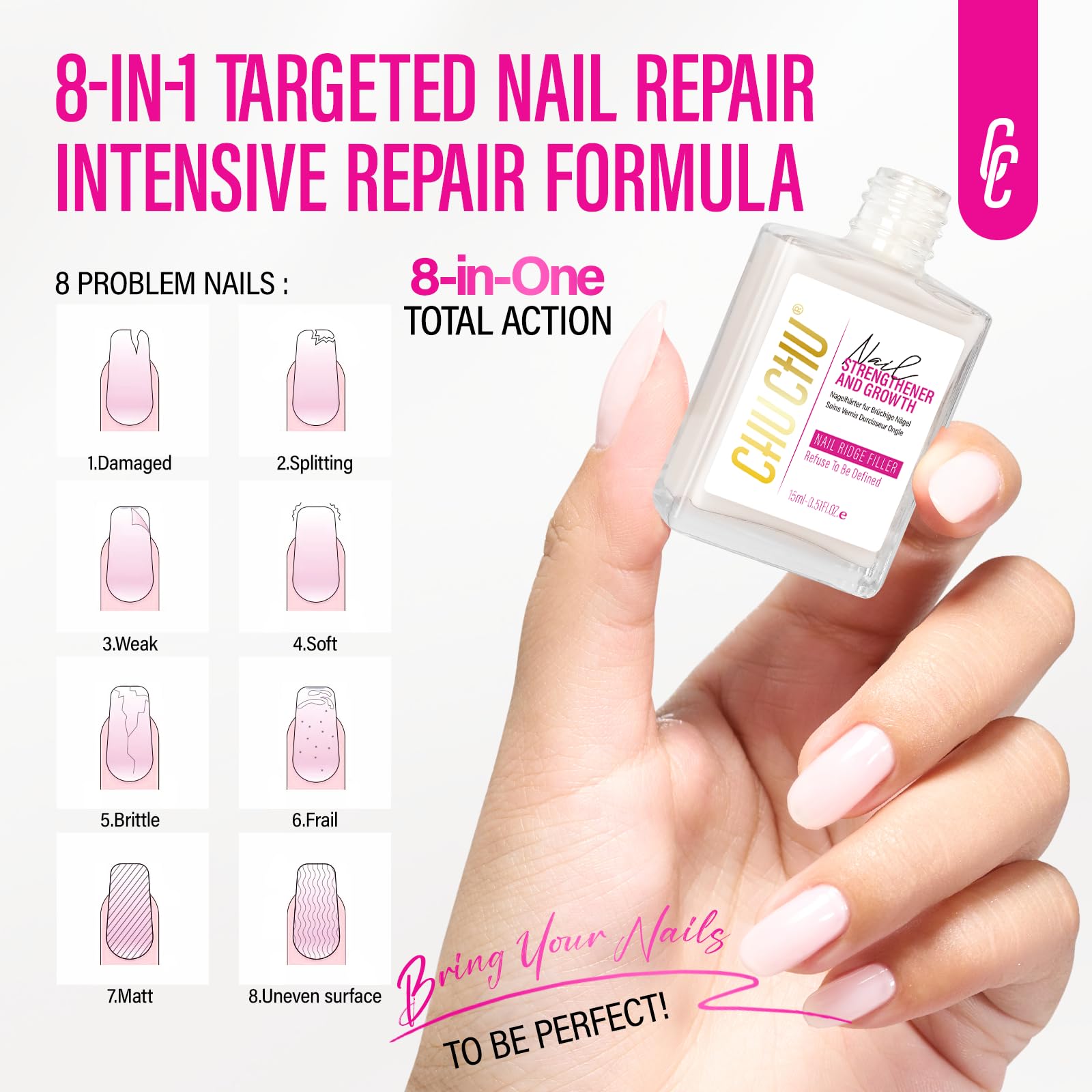 CHUCHU Nail Ridge Filler – 15ml Milky White Nail Strengthener & Growth for Weak Nails